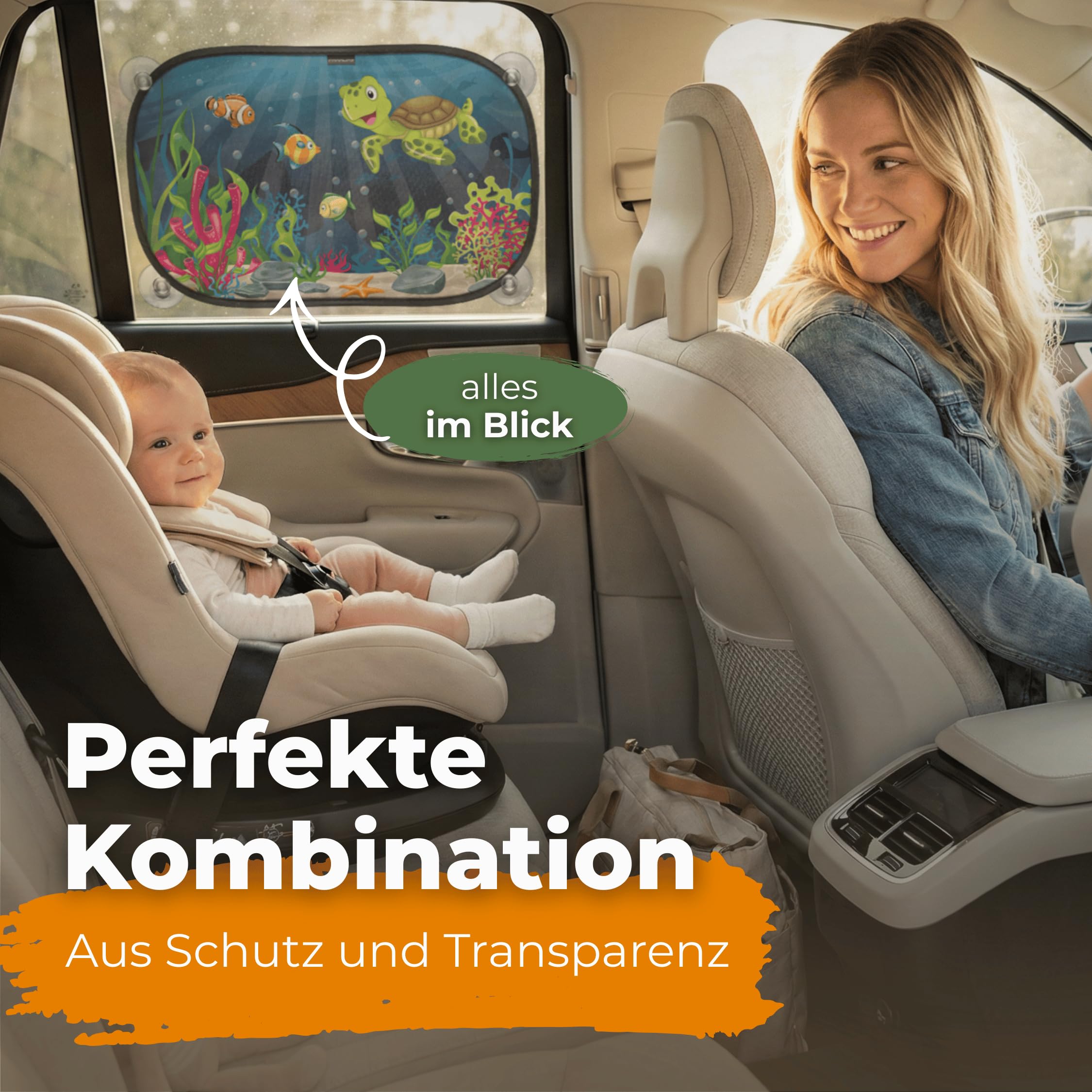 CARAMAZ Sonnenschutz Auto Baby mit zertifiziertem UV Schutz, universell passend 48 x 30 cm, 2 Stück Sonnenblende, mit Saugnäpfen, Motiv: Grün-Turtle - 4