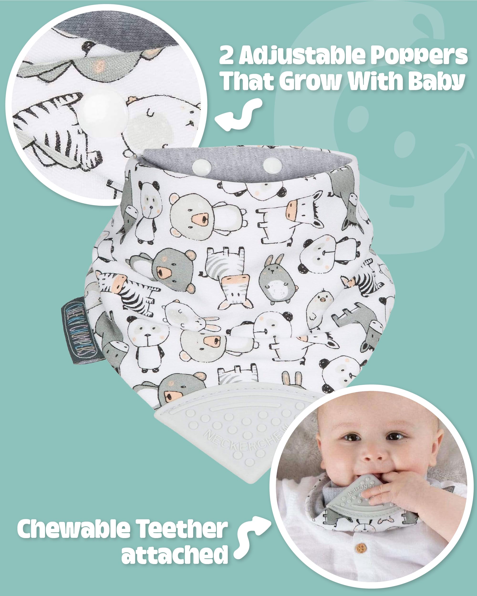 Cheeky Chompers Bavoir bandana bébés tout-petits anneau dentition silicone design primé hygiénique absorbant sans BPA Panda Pals