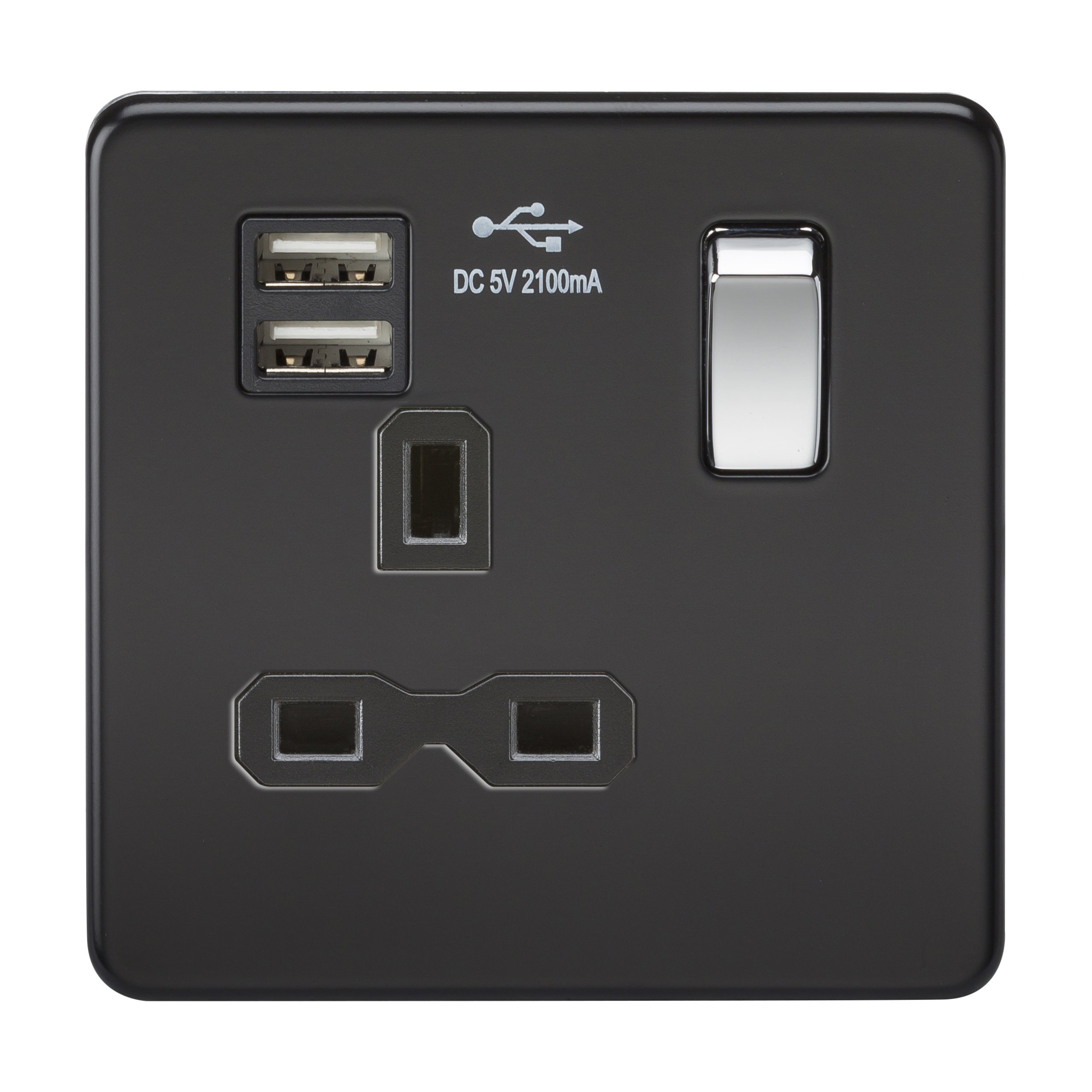 Knightsbridge SFR9901MB Screwless 13A 1G Switched Socket with Dual USB Charger-Matt Black W/Chrome Rocker