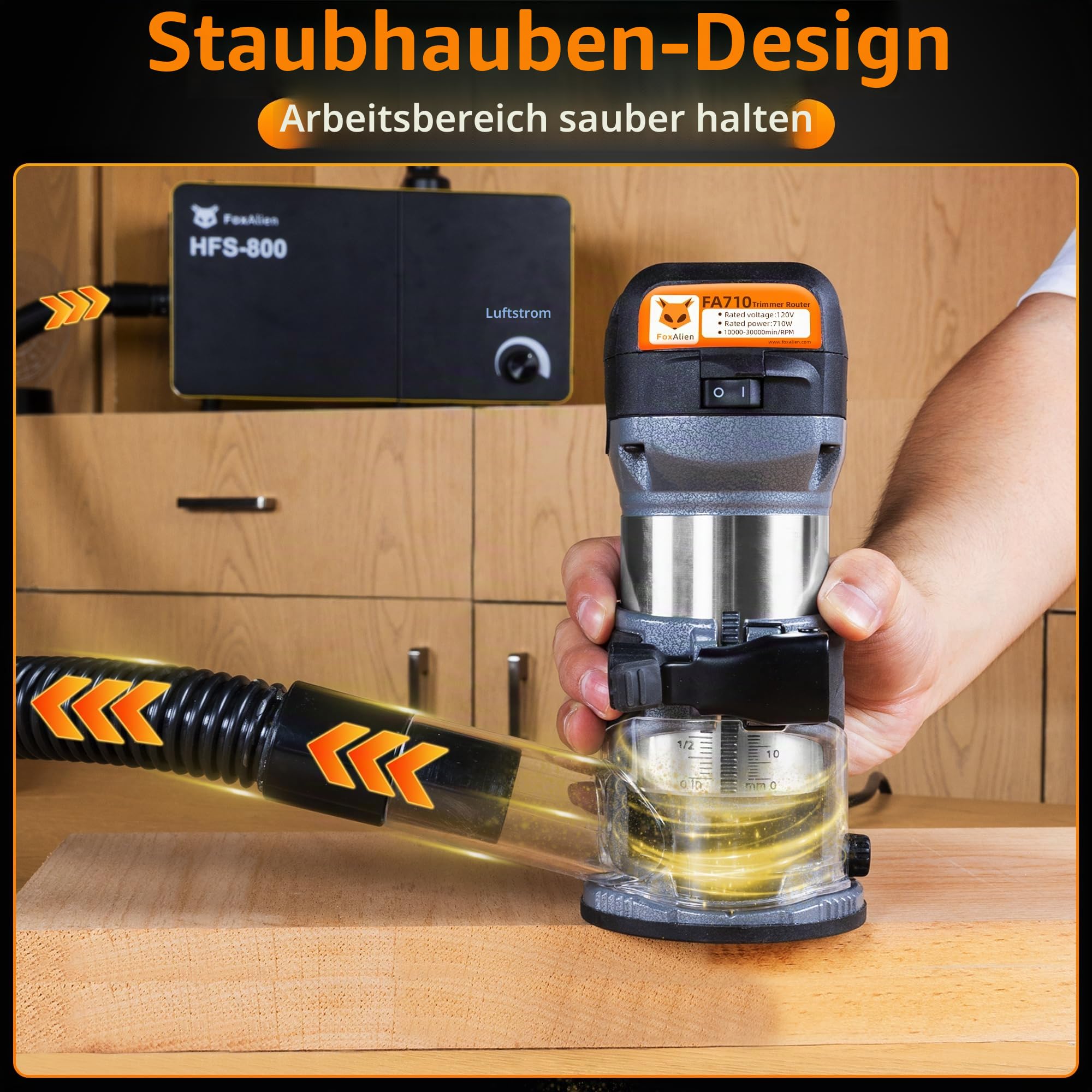 FoxAlien 1 HP 710W 65mm Durchmesser Compact Palm Router für CNC Fräsmaschine, 6 Variable Geschwindigkeiten Max 30000 R/MIN Holz Trimmer mit 1/4" Collect