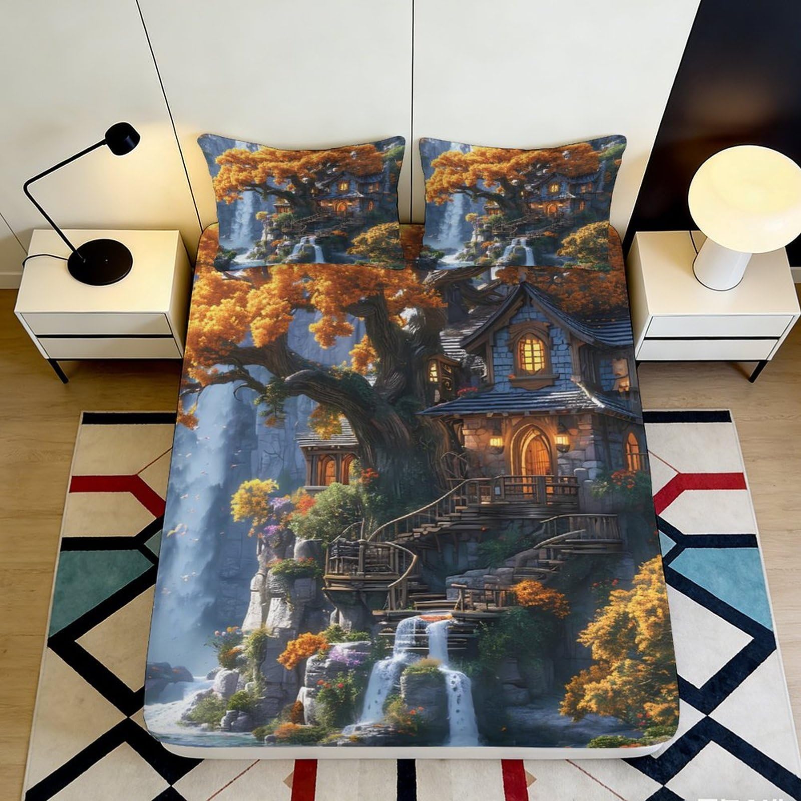3D Printed Forest Waterfall Fitted Sheet Microfiber Deep Pocket Non-Slip Bedding Set Forest Waterfall Mattress Fitted Cover Washable 90x200x25cm