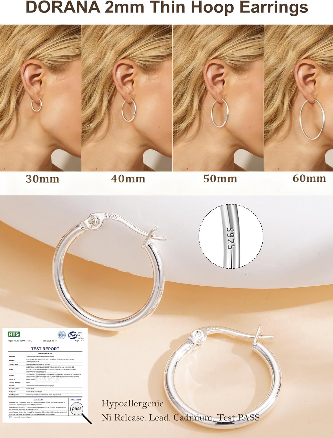 Valentines Gifts for Her 2mm Thin Large S925 Sterling Silver Hoop Earrings for Women Hypoallergenic Big Hoop Non Tarnish Earrings Lightweight 20/30/40/50/60/70mm - Image 3