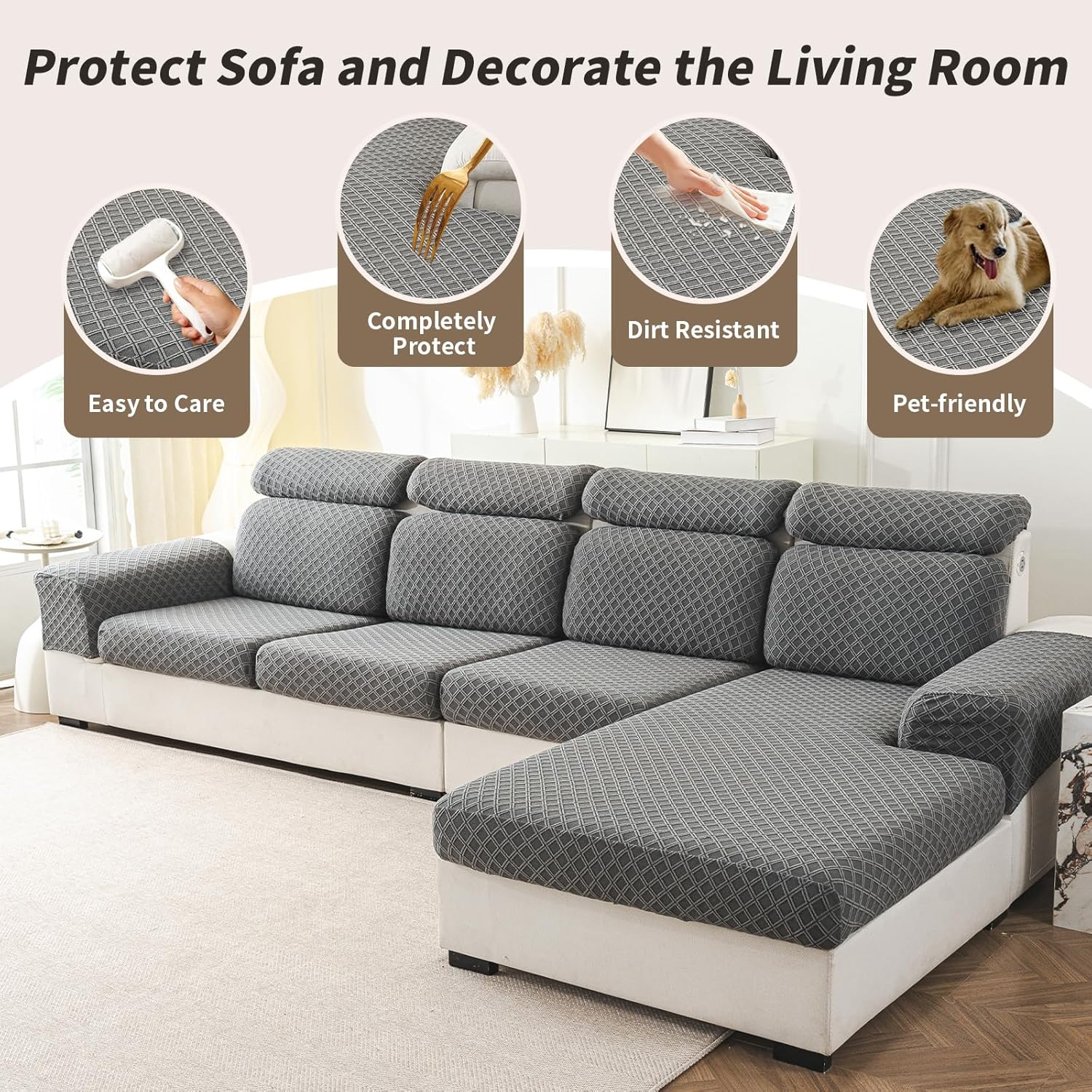 Couch Cushion Covers for Sectional Sofa, Stretch Sectional Couch Covers L Shape, Sofa Cushion Cover Washable, Soft Sofa Seat Slipcovers for Pets(3 Seat Cover S+1 Chaise Cover,Dark Grey)