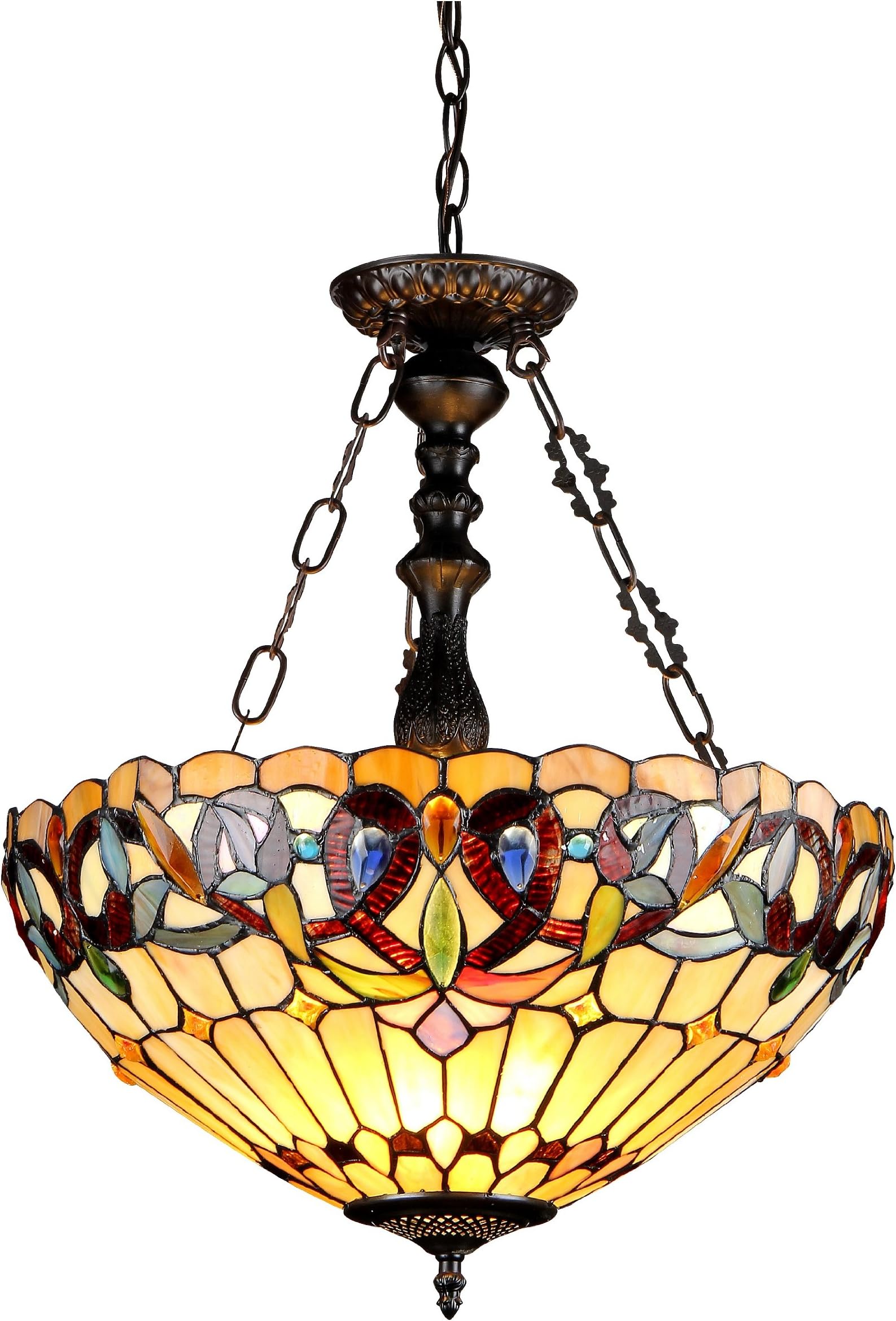 CH33353VR18-UH3 Serenity Tiffany-Style Victorian 3-Light Inverted Ceiling Pendant with Shade, 24.7 x 18.1 x 18.1", Bronze