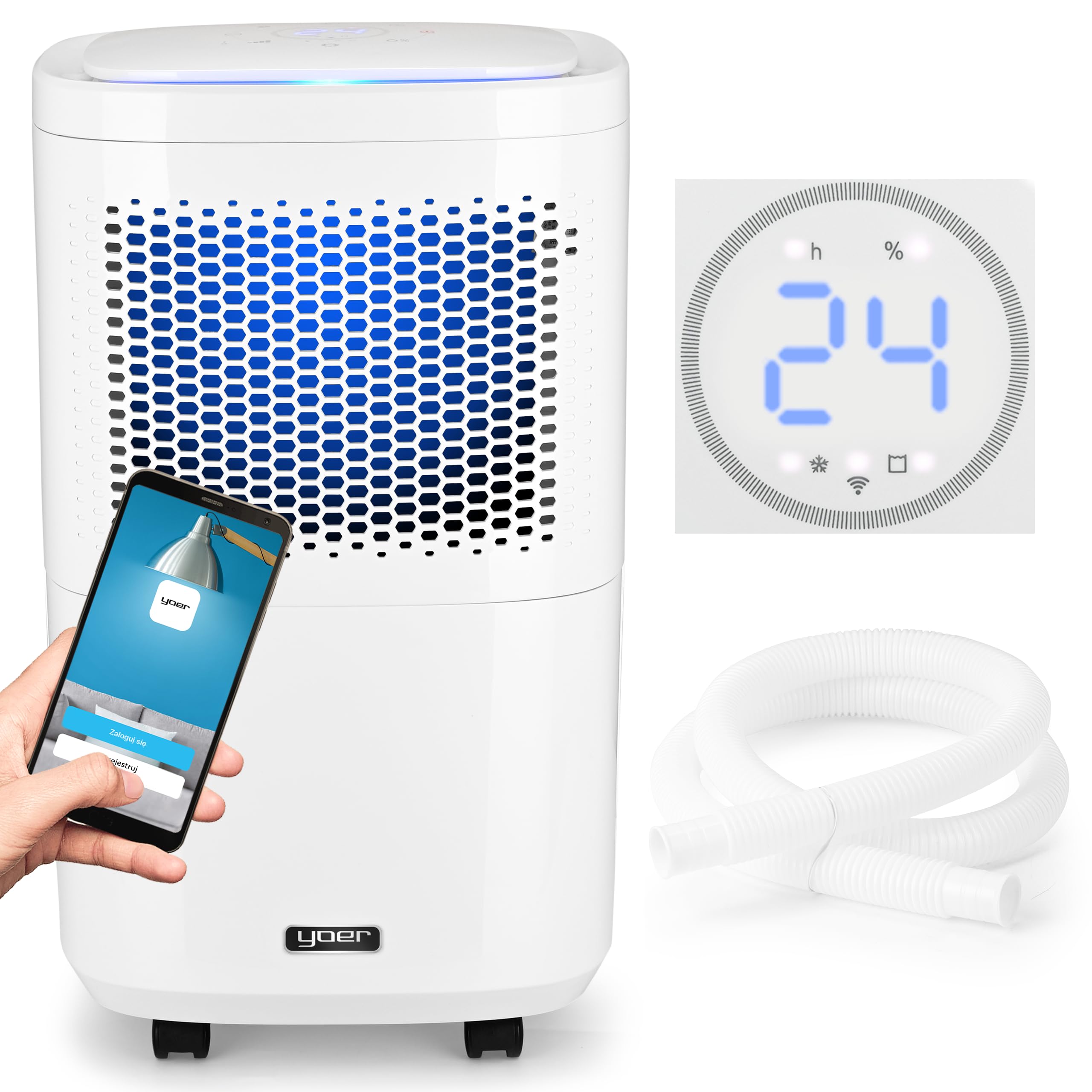 Yoer Dryo DE02W, Osuszacz powietrza 210W, Pochłaniacz wilgoci, Oczyszczacz powietrza, 12l/24h, Aromaterapia, 24 godzinny programator czasowy, Cichy, Wskaźnik LED, Wi-Fi, Biały