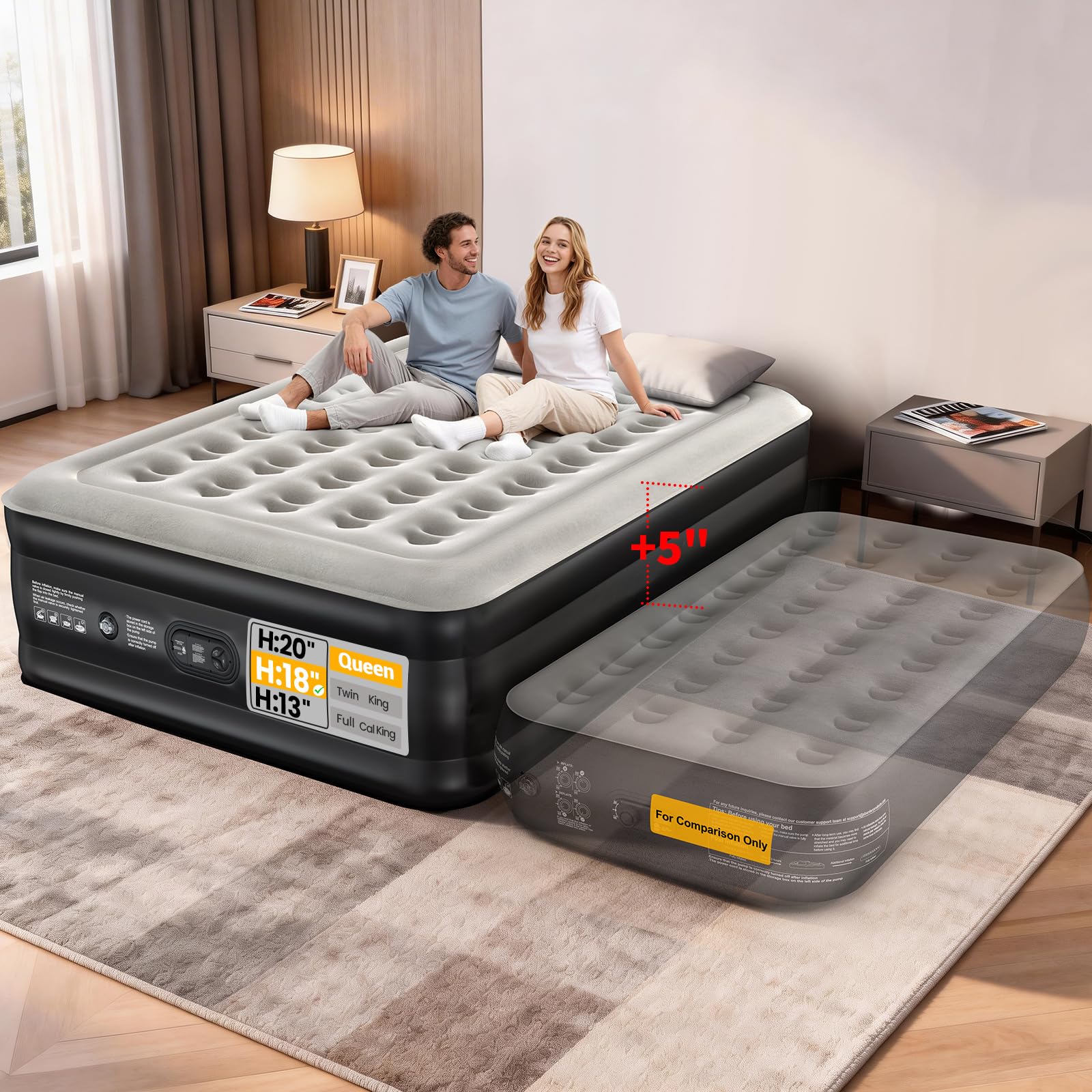 OhGeni Queen Air Mattress with Built in Pump, Ideal Alternative to a Bed, Inflatable Blow Up Mattress 18 Raised Comfort, Upgraded Surface Portable Bed for Home, Camping, Colchone Inflable, 650 lbs