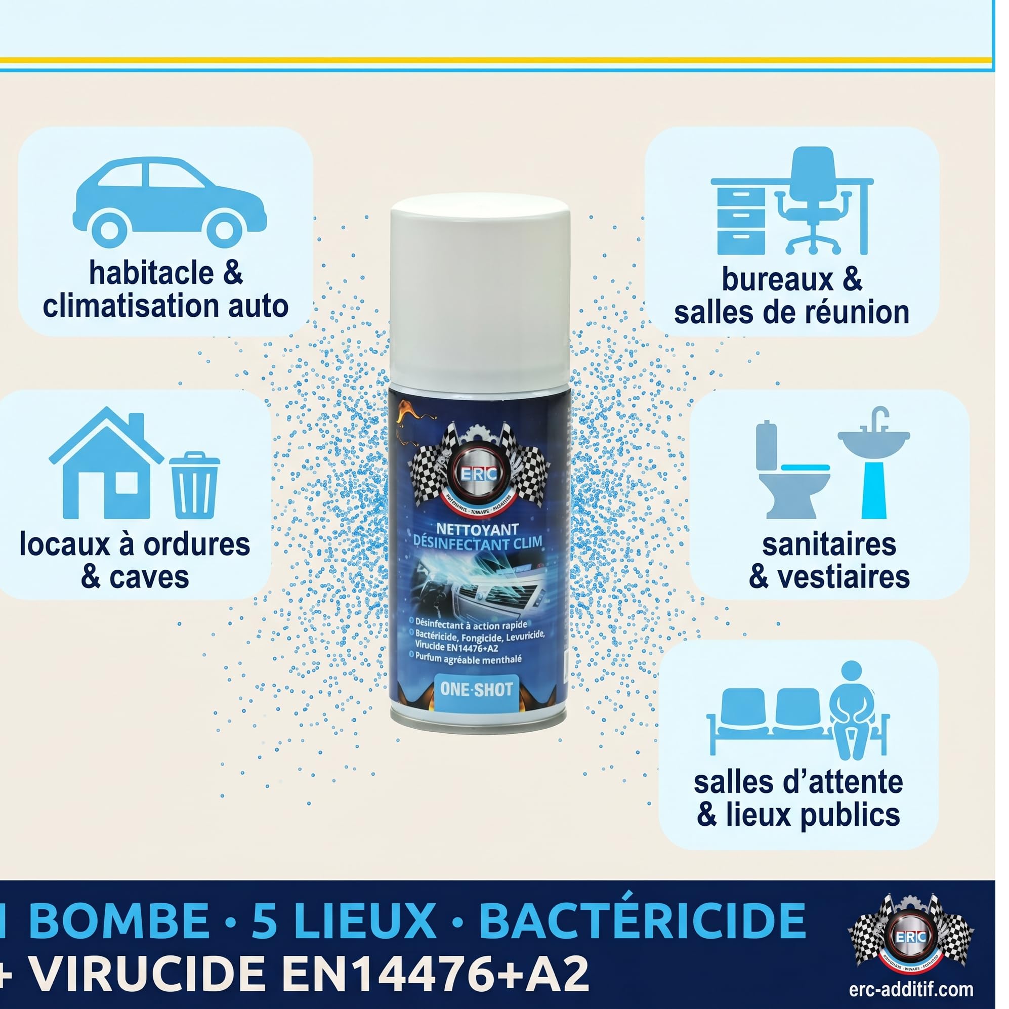 ERC | Désinfectant Clim Voiture One Shot Bactéricide Virucide | Élimine Bactéries, Moisissures, Champignons en 15 min | Diffusion Automatique Spray Mentholé | Norme EN14476 Fongicide | 150 ml