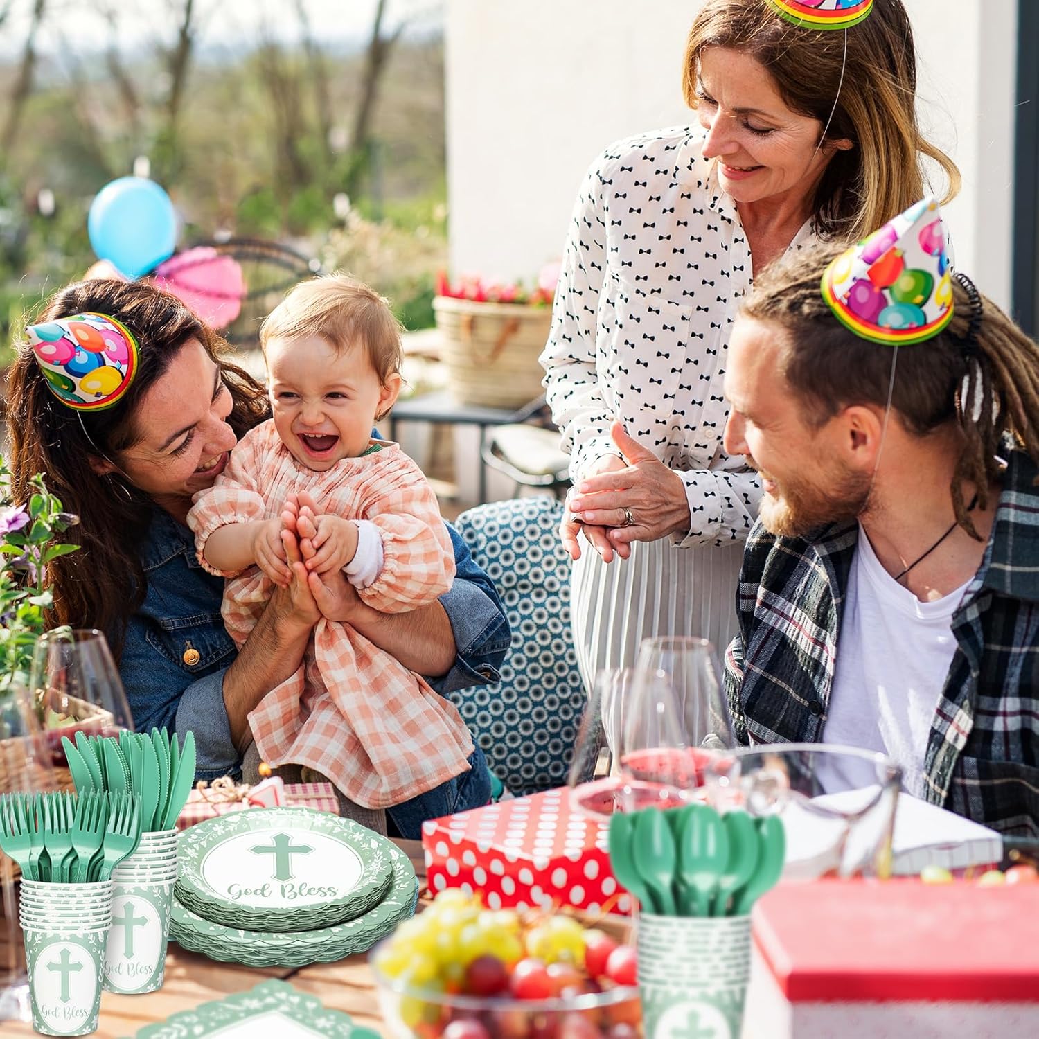 Zhehao 25 Sets Baptism Plates Napkins Party Supply First Communion Decorations God Bless Disposable Cups Cutlery for Newborn Baby Shower Christening Church(Green)