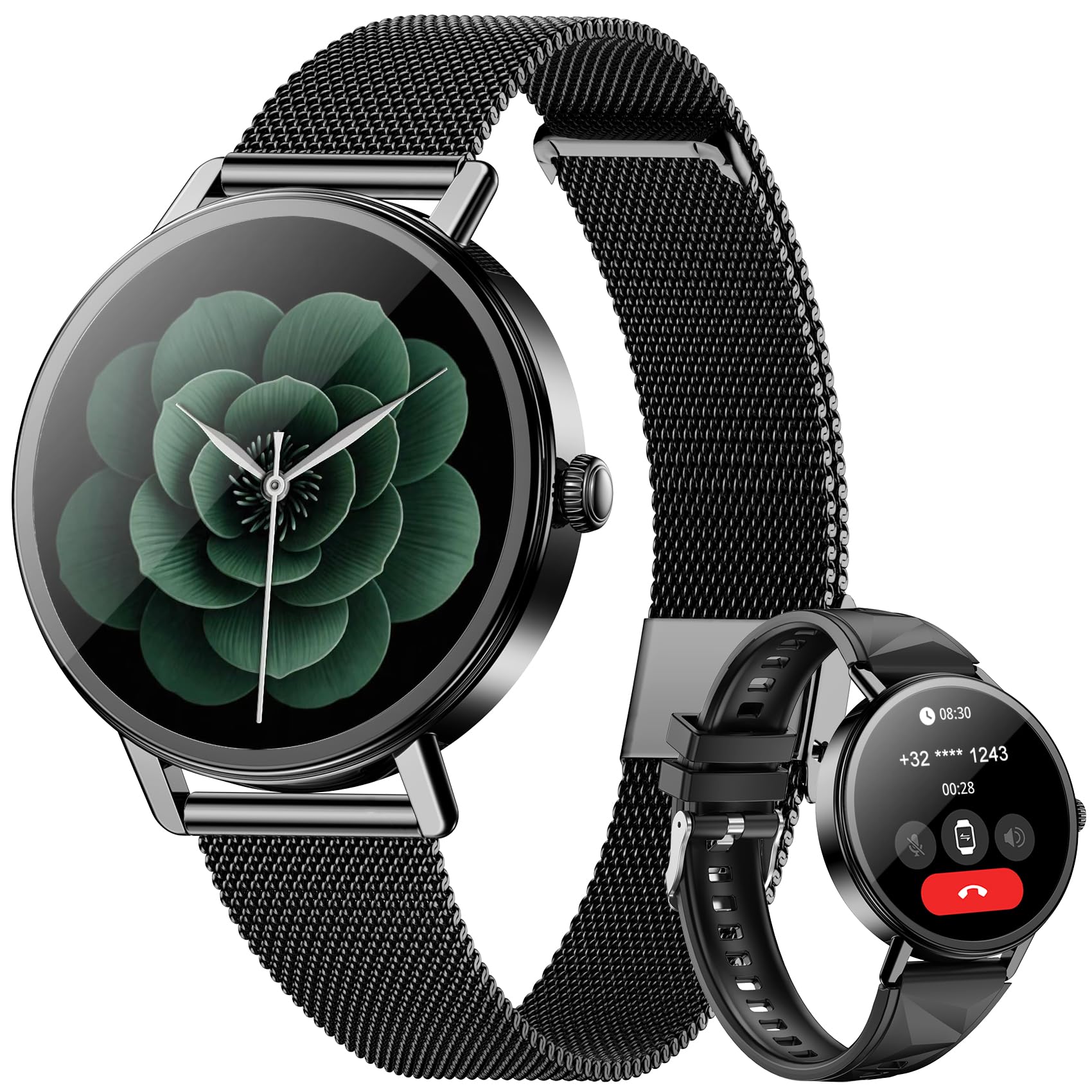 Blackview Smartwatch Damen, Bluetooth-Anrufe/LED-Leuchten/2 Armbänder (Kautschuk/Nylon), Sportuhr mit Puls-Schlaf-SpO2-Schritte-Kalorien-Kilometer-Monitor, 350mAh (6+ Tage), Fitnessuhr für Android iOS