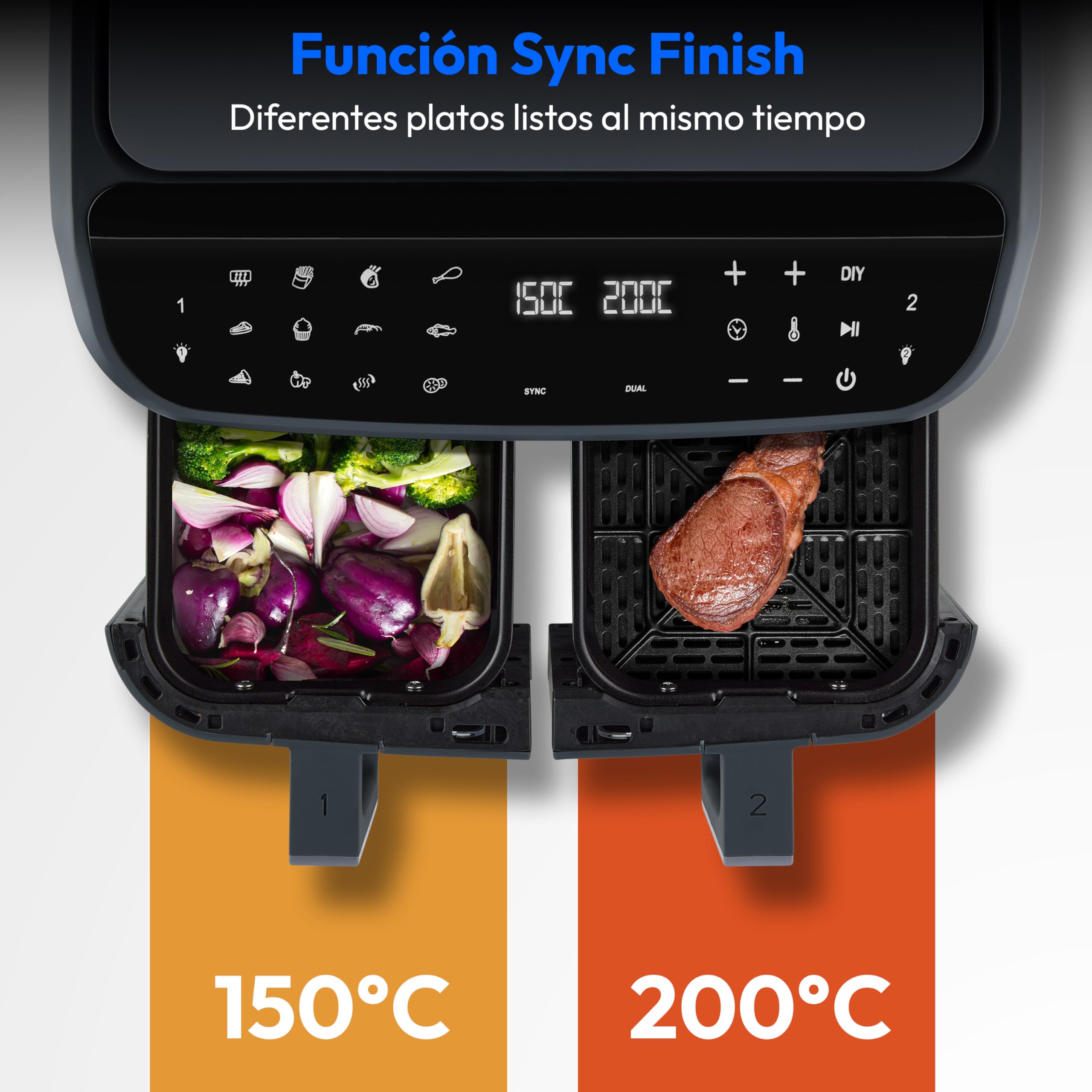 MEDION P20 XXL Freidora de Aire Doble Cesta MD11760 Gris Mate | 8,7 L, 2600 W, 10 Programas, 2 Cajones, Ventana, Air Fryer Dual XXL