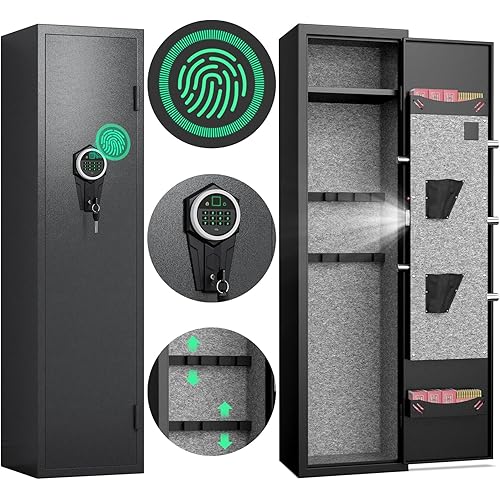 2-3 Gun Safe, Biometric Fingerprint Gun Safe for Rifles and Pistols, Quick Access Rifle Gun Safe with Silent Mode and Alarm System, Gun Cabinet with Removable Shelf and 2 Adjustable Gun Slots