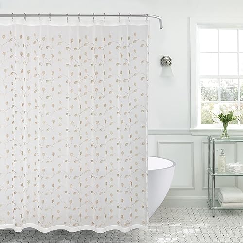 Miniatura 4 de Cortina de ducha decorativa de tela transparente para baño diseño botánico bordado de oro beige dorado metálico (rosalee)
