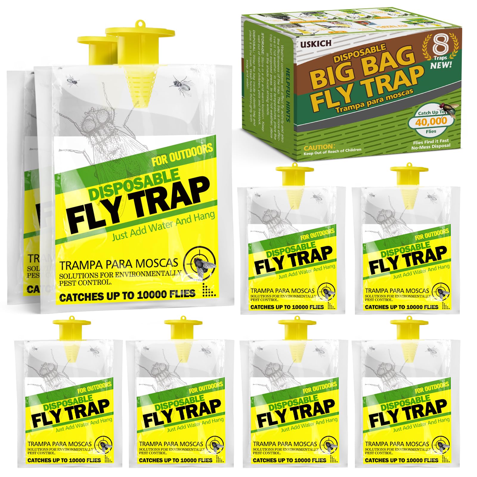 Photo 1 of 8 Pack Outdoor Hanging Fly Traps, Disposable Flies Killer Trap Bag Catcher with Natural Attractant Bait Bug Catcher and Flying Insect Trap for Outdoor Family Farm Park Orchard Garden