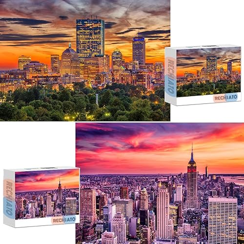 Paquete de 2 rompecabezas de 1000 piezas para Boston Downtown Skyline y New York City Midtown, rompecabezas para adultos de 1000 piezas en adelante,