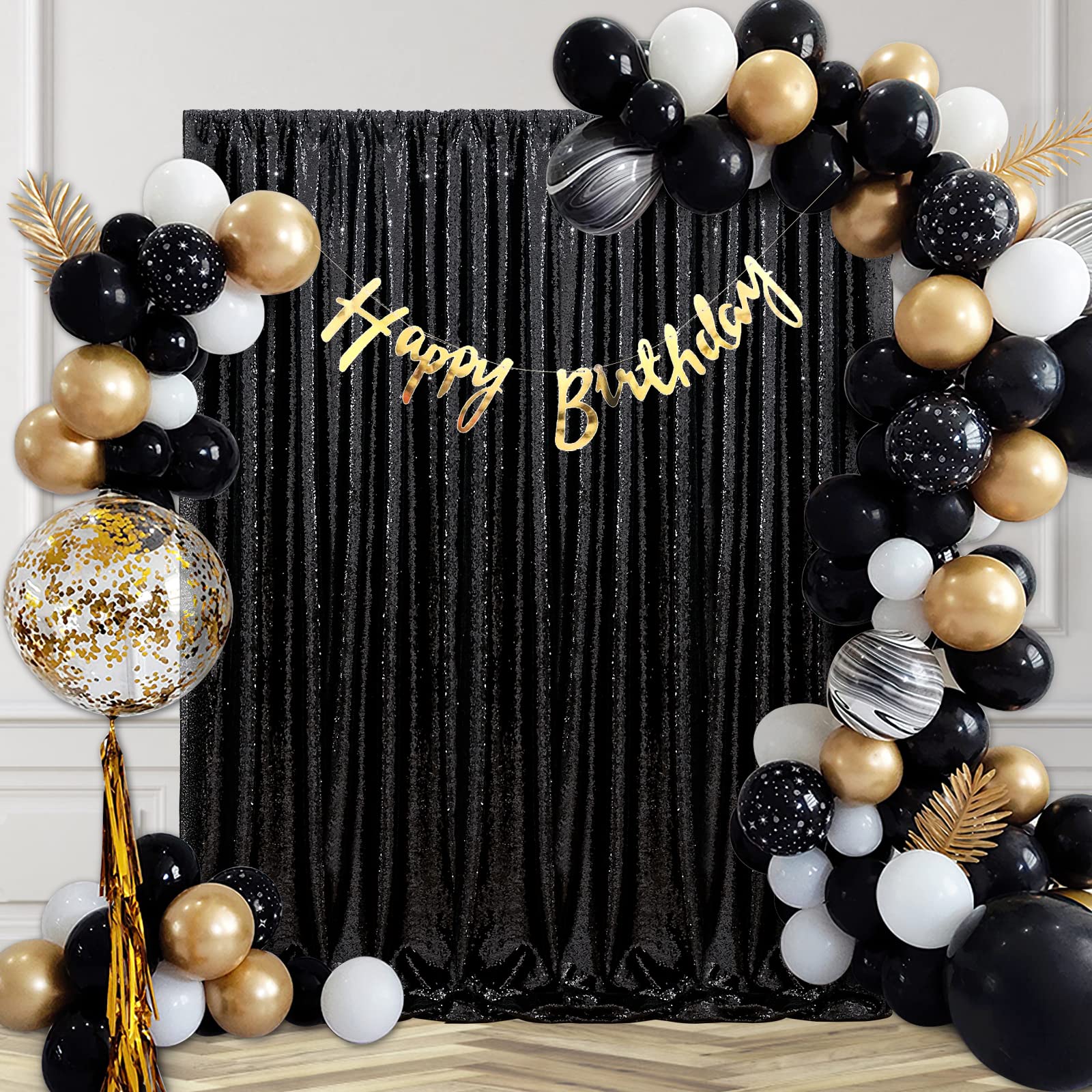 Black Sequin Backdrop Curtain: 6 Panels 2FTx8FT Shiny Curtain Drapes Glitter Background for Birthday Holiday Party Satge Decorations
