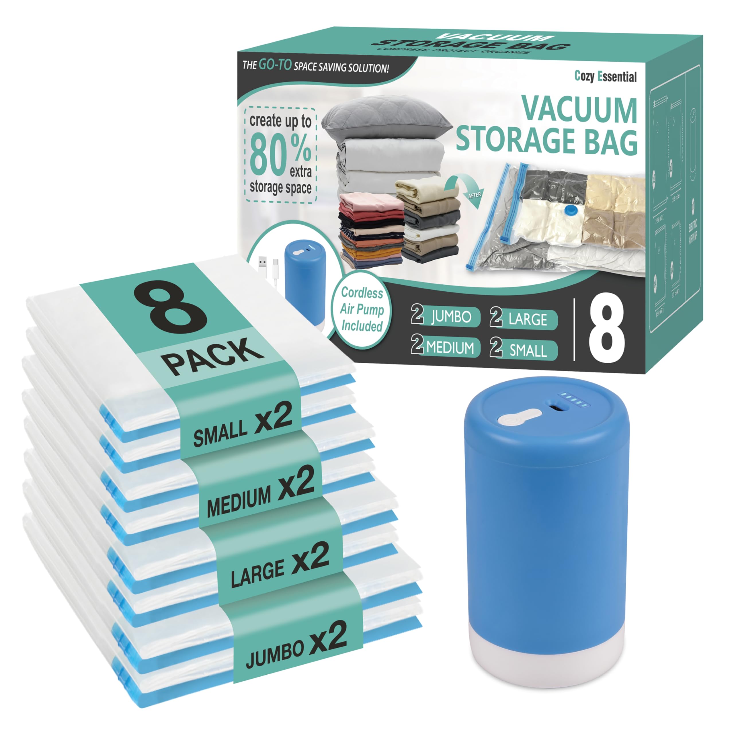 Cozy Essential Travel Vacuum Storage Bags with Rechargeable Cordless USB Pump, Space Saver Bags for Luggage, Suitcase, Carry-On, for Clothes, Blankets, Bedding & Seasonal Storage,8 Combo