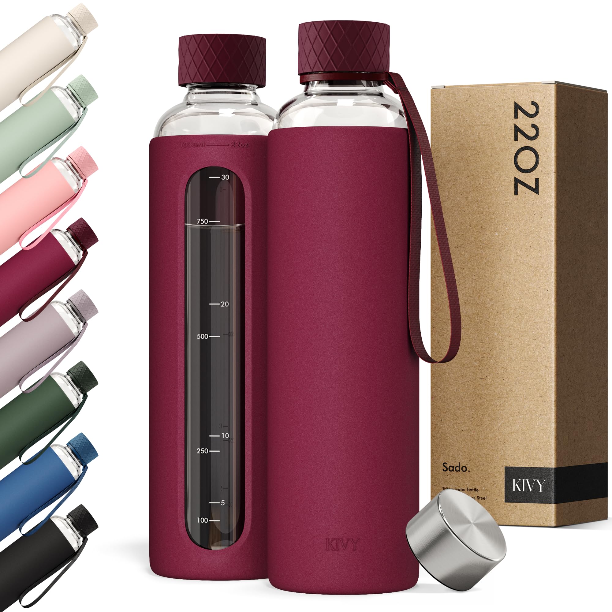 KIVY Glass Water Bottle with Silicone Sleeve 22 oz [WITH MEASUREMENT] - Borosilicate Glass Water Bottle Screw Top - Clear Bottles with Measurement