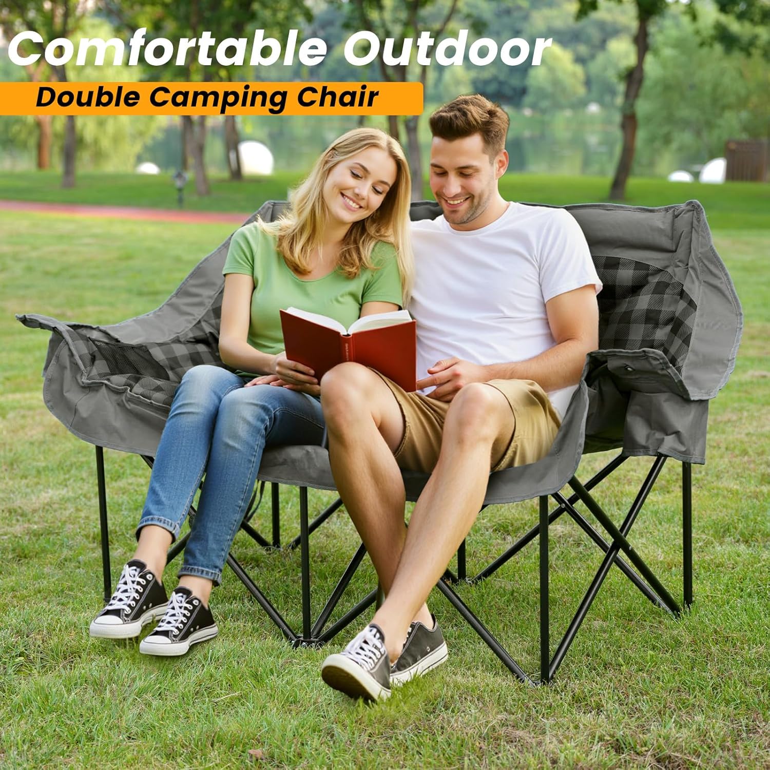 QUYUAN Double Seater Camping Chair, Padded Loveseat Chair for 2 Person, Oversized Heavy Duty Folding Camp Chairs, Camping Couch for Soccer Games, Tailgating, RV Travel, Beach Days, Outdoor Sofa (Gray)