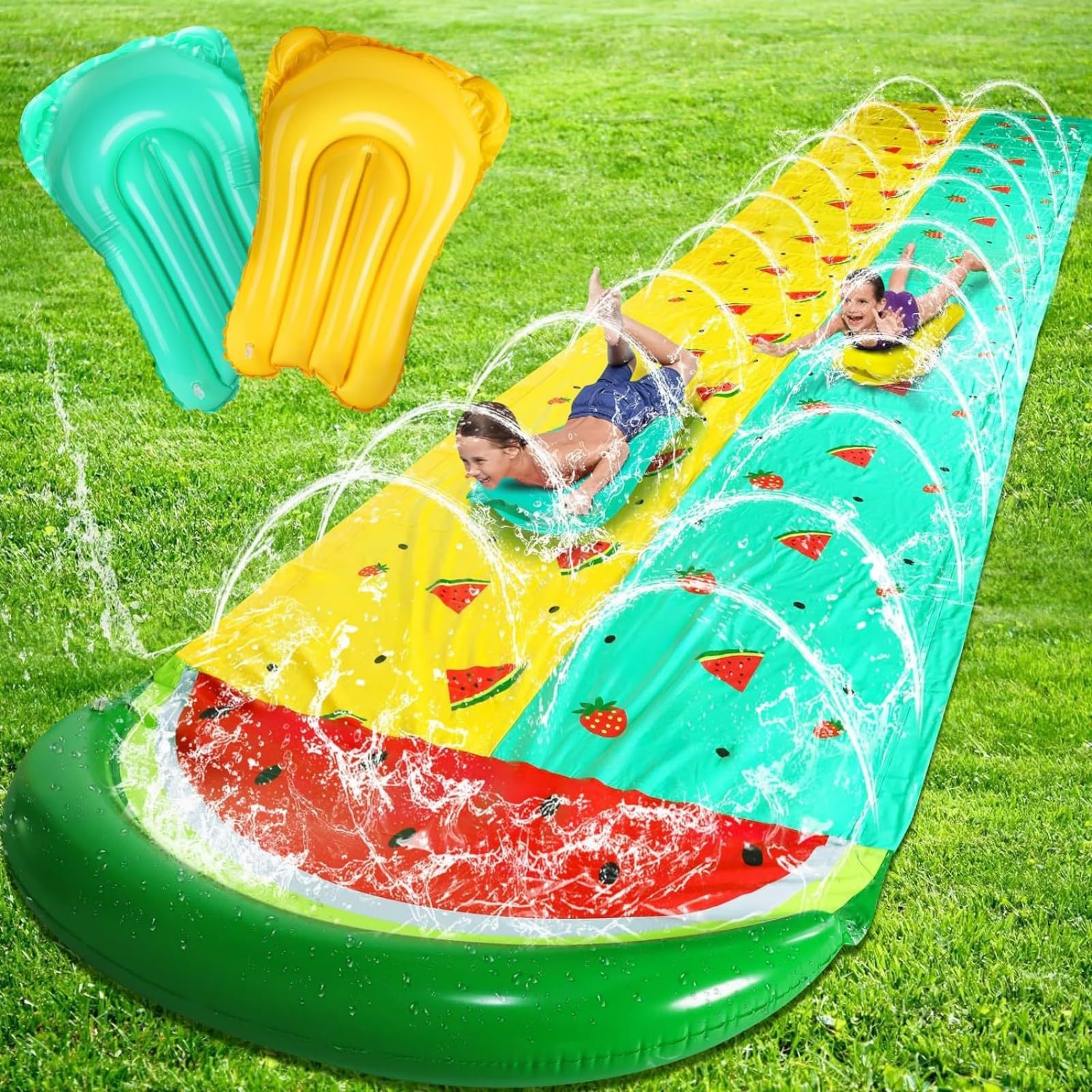 Wasserrutsche, 20ft/610cm Doble Tobogán de Agua y 2 Tablas, Tobogán Acuático Hinchable para Césped con Rociador para Niños 5 Años y Adultos, Juguetes de Verano para Jardín, Diversión al Aire Libre