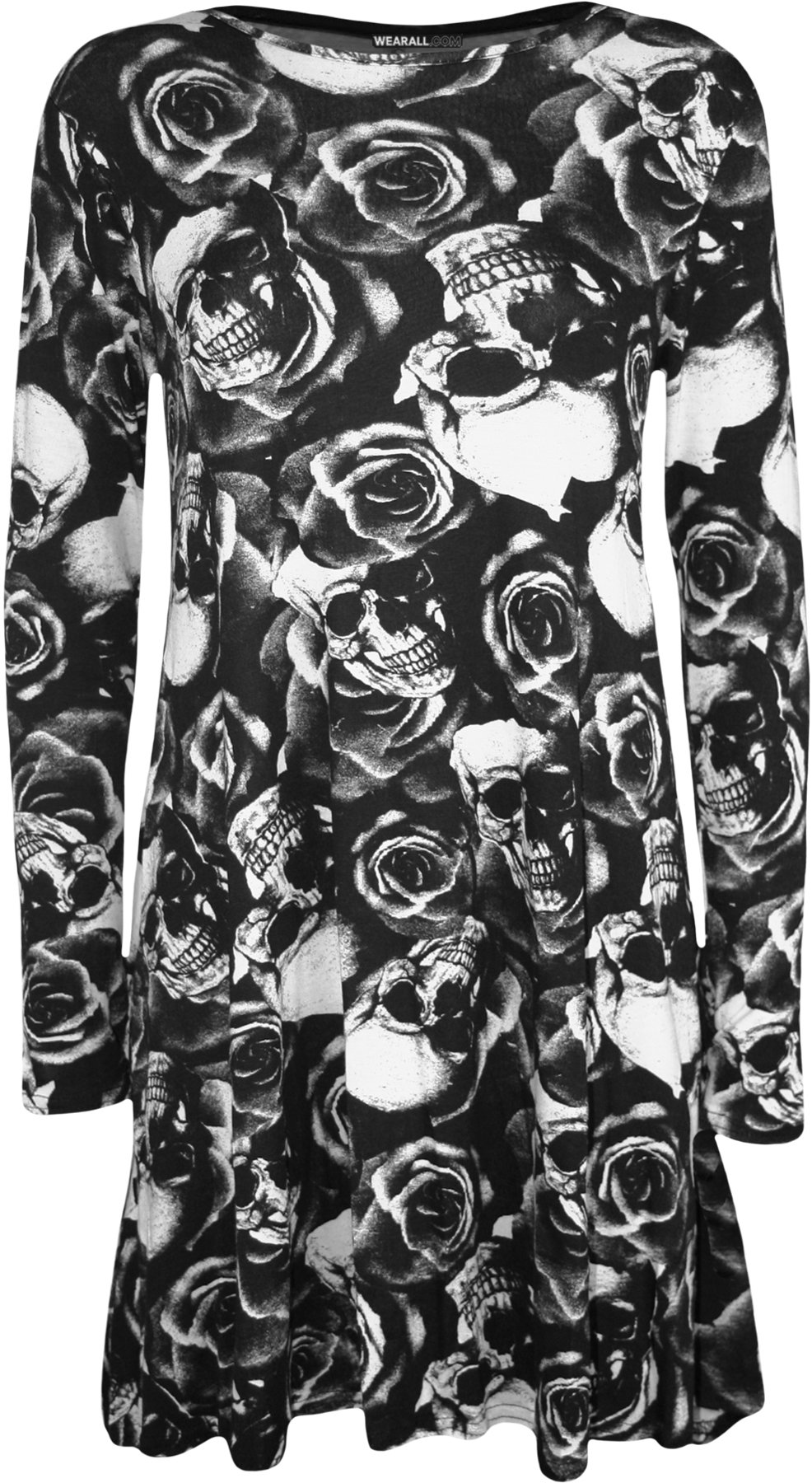 WearAll Plus Size Womens Print Long Sleeve Scoop Neck Ladies Short Swing Dress - Skull Roses - 16-18