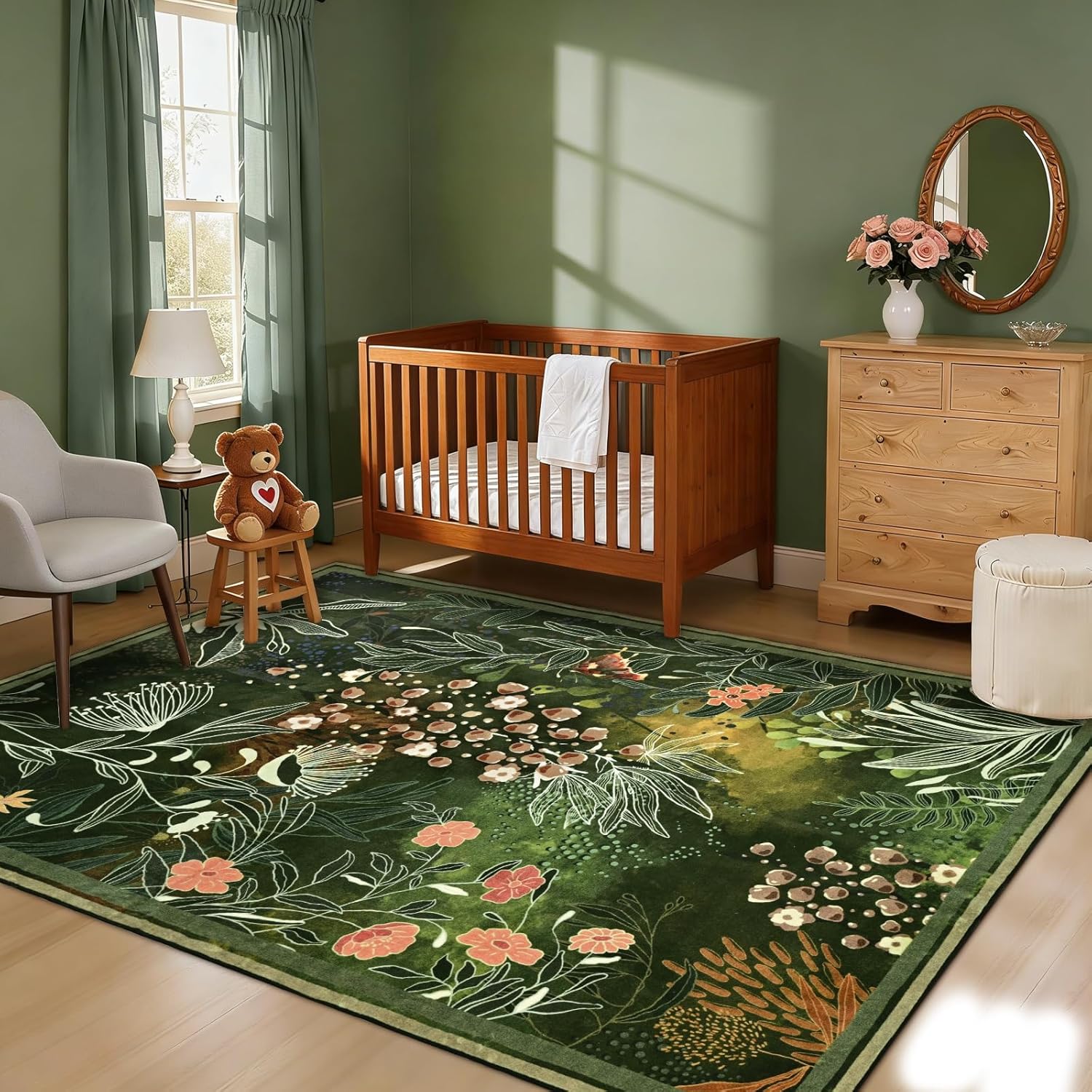 Yinhua Dark Green 3x5 Area Rug for Entryway, Botanical Washable Rug Non Silp, Low Pile Vintage Rugs Stain Resistant, Soft Boho Floral Carpet for Bedside Kitchen Living Room