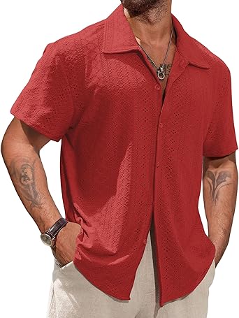 Vssjavun Mens Short Sleeve Button Down Shirts Casual Hollow Out Summer Beach Shirt