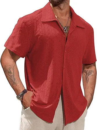 Vssjavun Mens Short Sleeve Button Down Shirts Casual Hollow Out Summer Beach Shirt