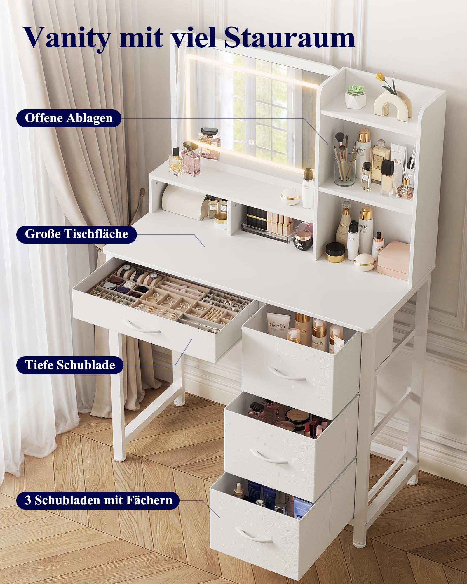 Kitsure Schminktisch mit Beleuchtung und Spiegel, 90 x 45 x 133,1 cm