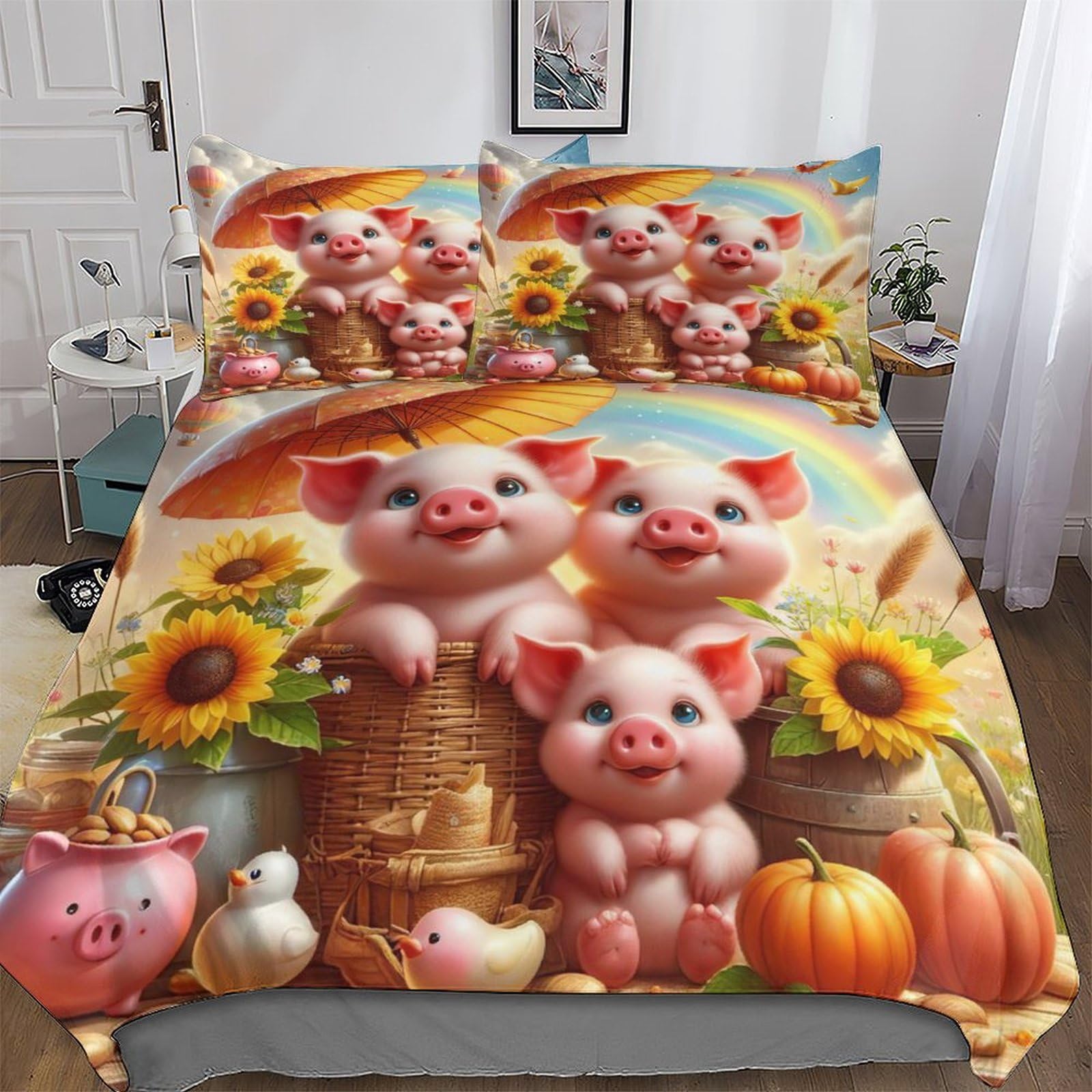 Housse de couette en microfibre hypoallergénique 200x200 parure lit cochon mignon