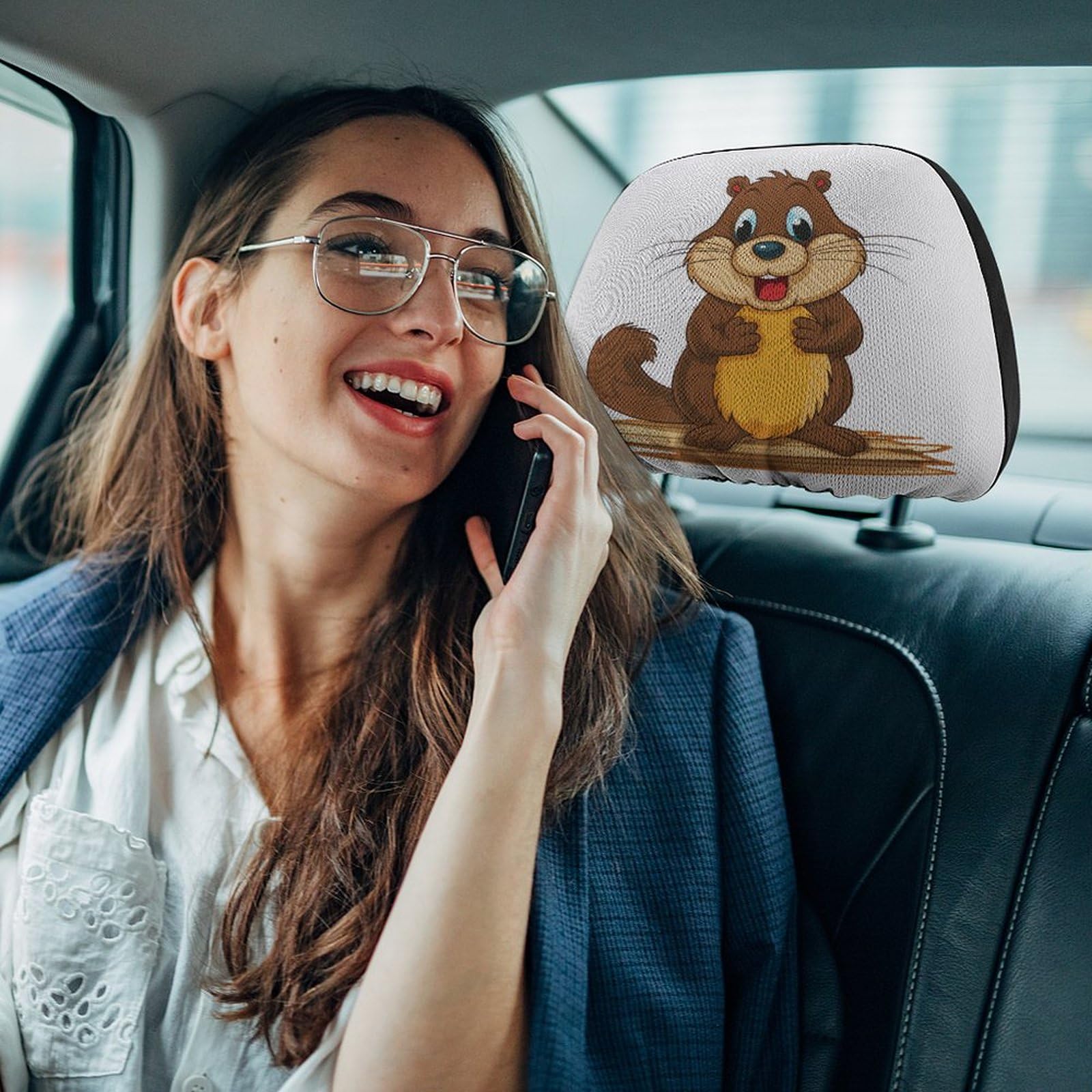 Funny Cartoon Car Headrest Covers - 2PCS Big-Eyed Grinning Face Protectors, Universal Fit For Holiday & Daily Decoration