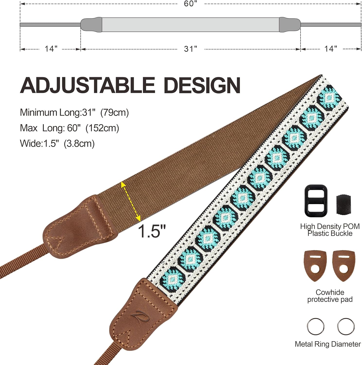 Padwa Lifestyle Camera Strap - 1.5" Crazy Horse Cowhide Head Cotton Strap,Vintage Embroidery Camera Straps for Photographers,Cameras,Binoculars,Cute Adjustable Shoulder Neck Strap for Adults & Kids