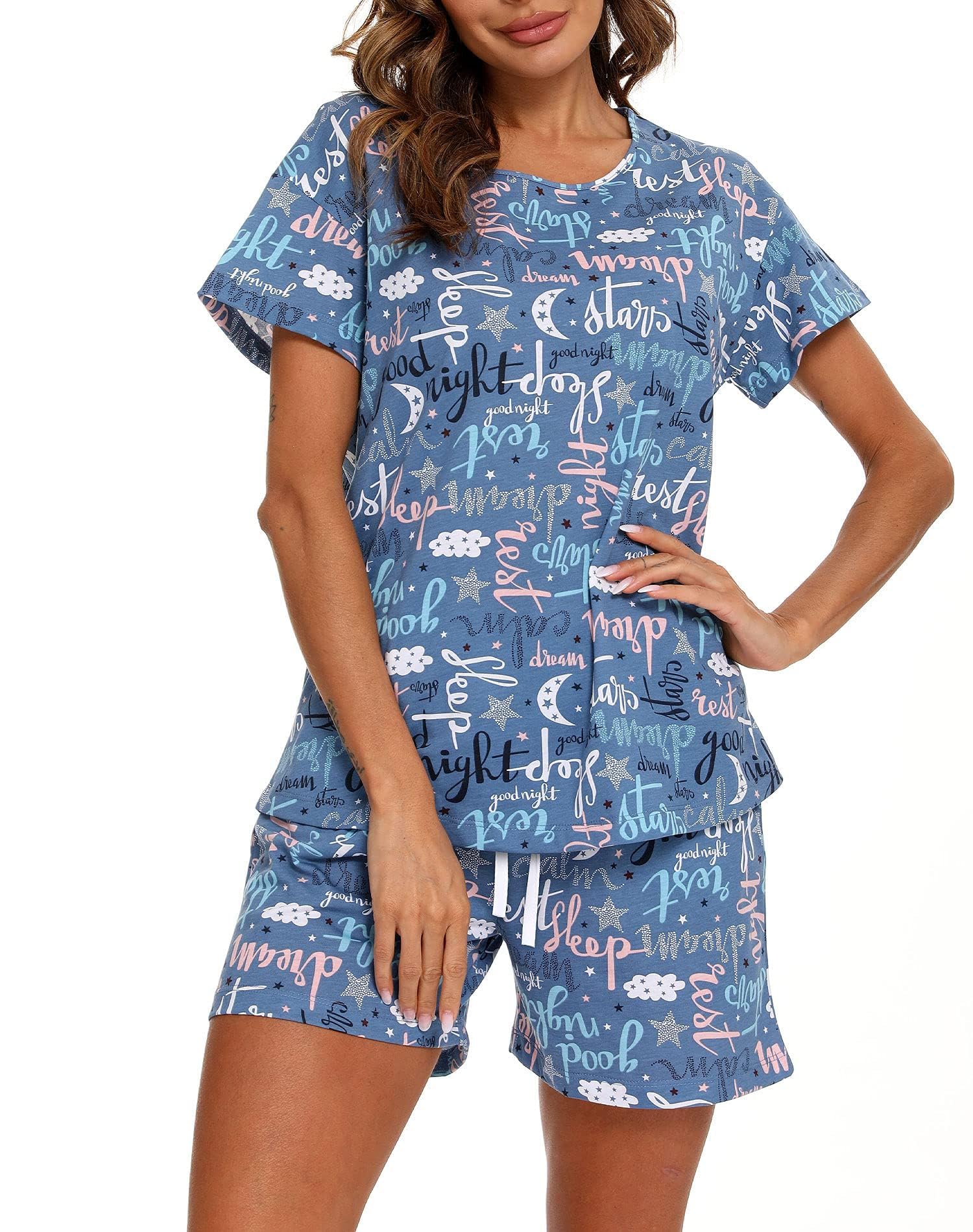 ENJOYNIGHT Schlafanzug Damen Kurz Pyjama Set Baumwolle Kurzarm Top und Kurze Hose Zweiteiliger Nachtwäsche Sommer Hausanzug Loungewear