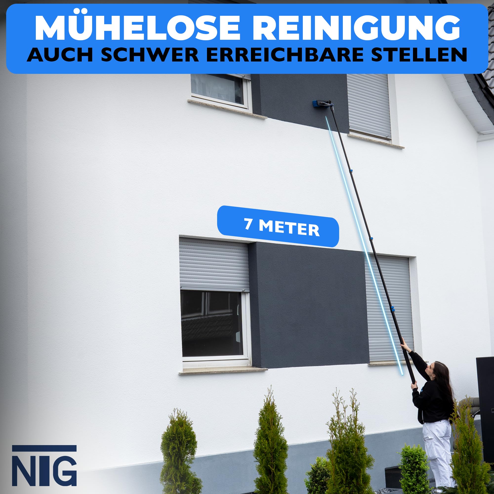 Brosse de Lavage télescopique NTG pour Le Nettoyage des installations solaires et des fenêtres| Version 4,6 mètres ou 7 mètres | avec raccordement à l'eau et Distributeur de Savon