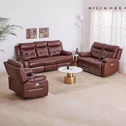 Home Centre Blake Half Leather 1+2+3 Seater Electric Recliner Set - Brown