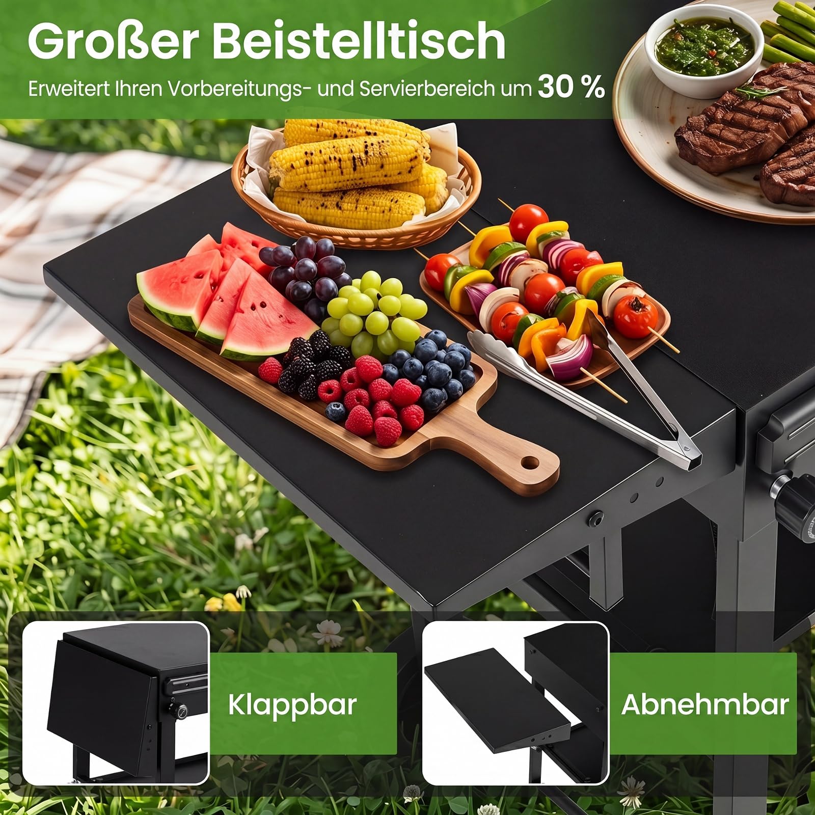 COSTWAY Grillwagen Outdoor, Grilltisch klappbar, Pizzatisch mit Seitentisch | Servierwagen Metall mit Rollen, Arbeitsfläche, Haken, Grill Beistelltisch wetterfest, für BBQ Partys Garten, 118 x 43 x 88 cm