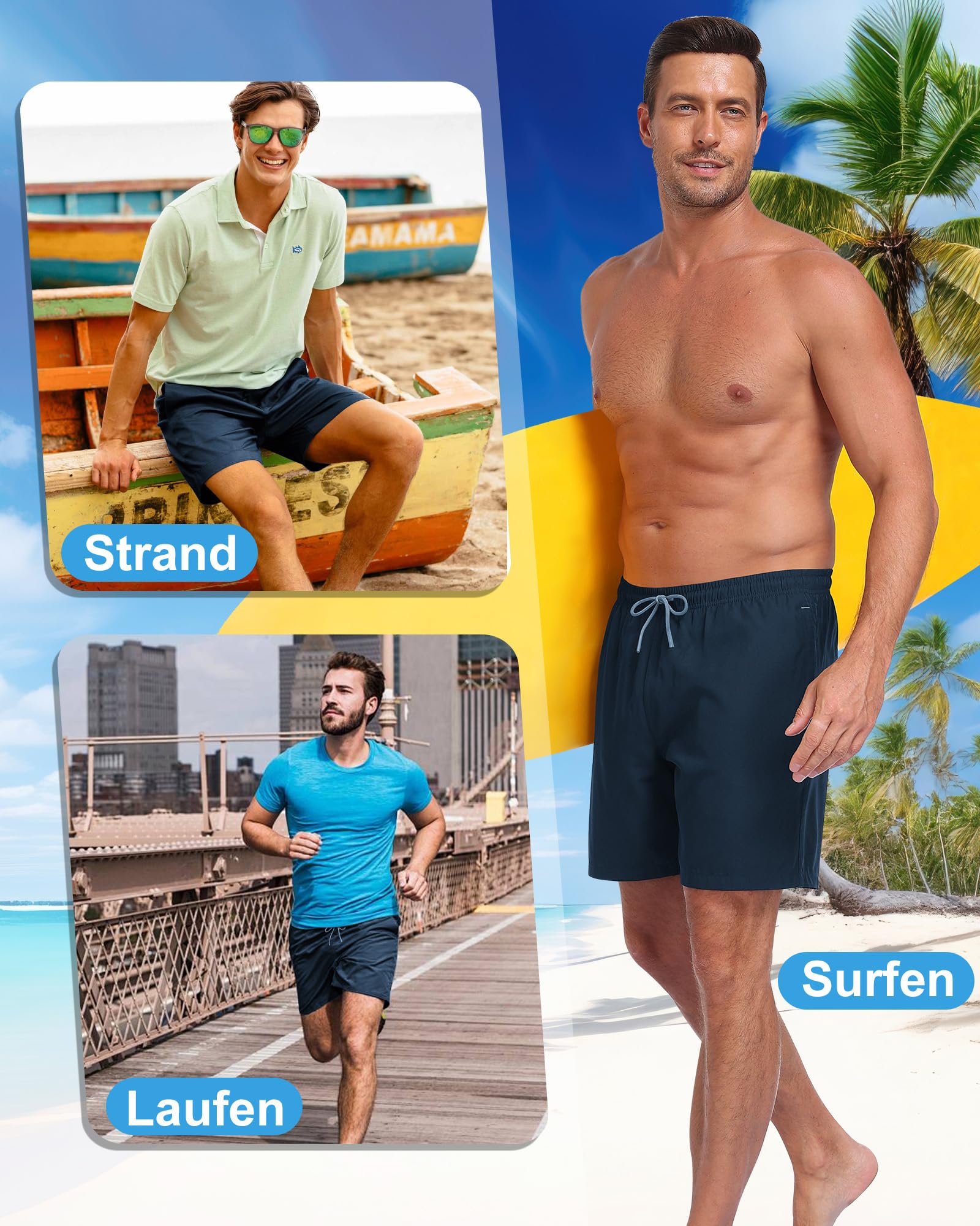 Short de bain pour homme 2 en 1 avec poche zippée, short de sport court pour homme