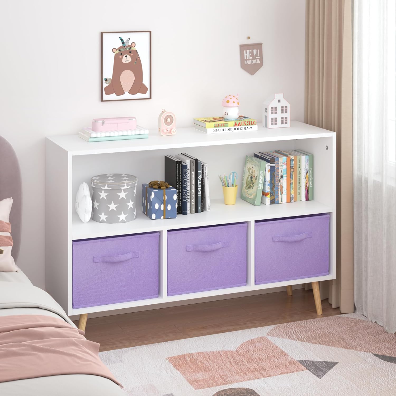 Kids Bookcase and Bookshelf, Multi Shelf Toy Storage Organizer, Kids Bookshelf with 3 Collapsible Fabric Drawers and Pine Legs, Kids Book and Toy Display Rack for Bedroom, Playroom White+Purple