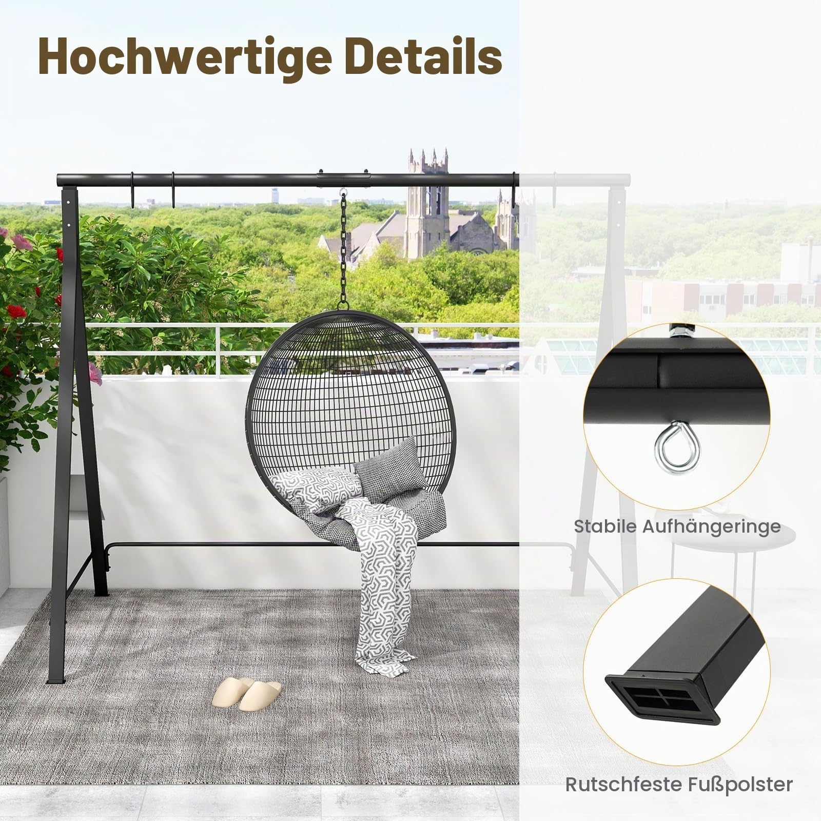 KOMFOTTEU Schaukelgestell Hängebankgestell, Schaukel Gestell für Hollywoodschaukel Schaukelbank, Gartenschaukel Rahmen aus Metall in A-Form, Schaukelständer mit 5 Aufhängeringen, 210x115x175 cm