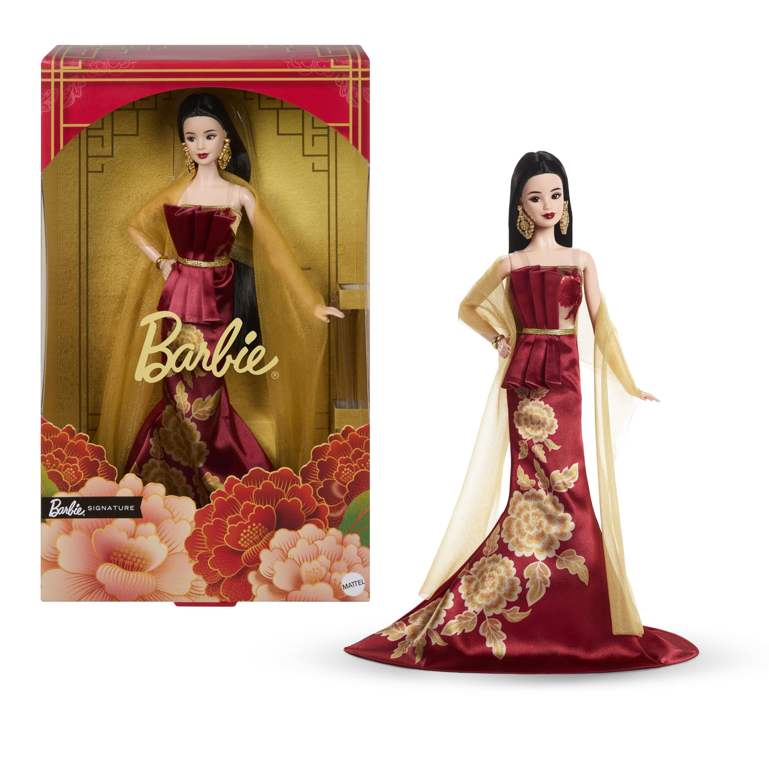 Barbie Signature Lunar New Year 2026 Księżycowy Nowy Rok Lalka kolekcjonerska, czerwona sukienka w złociste piwonie, kolekcjonerska zabawka na święta dla dzieci 6+ i kolekcjonerów, JJX83