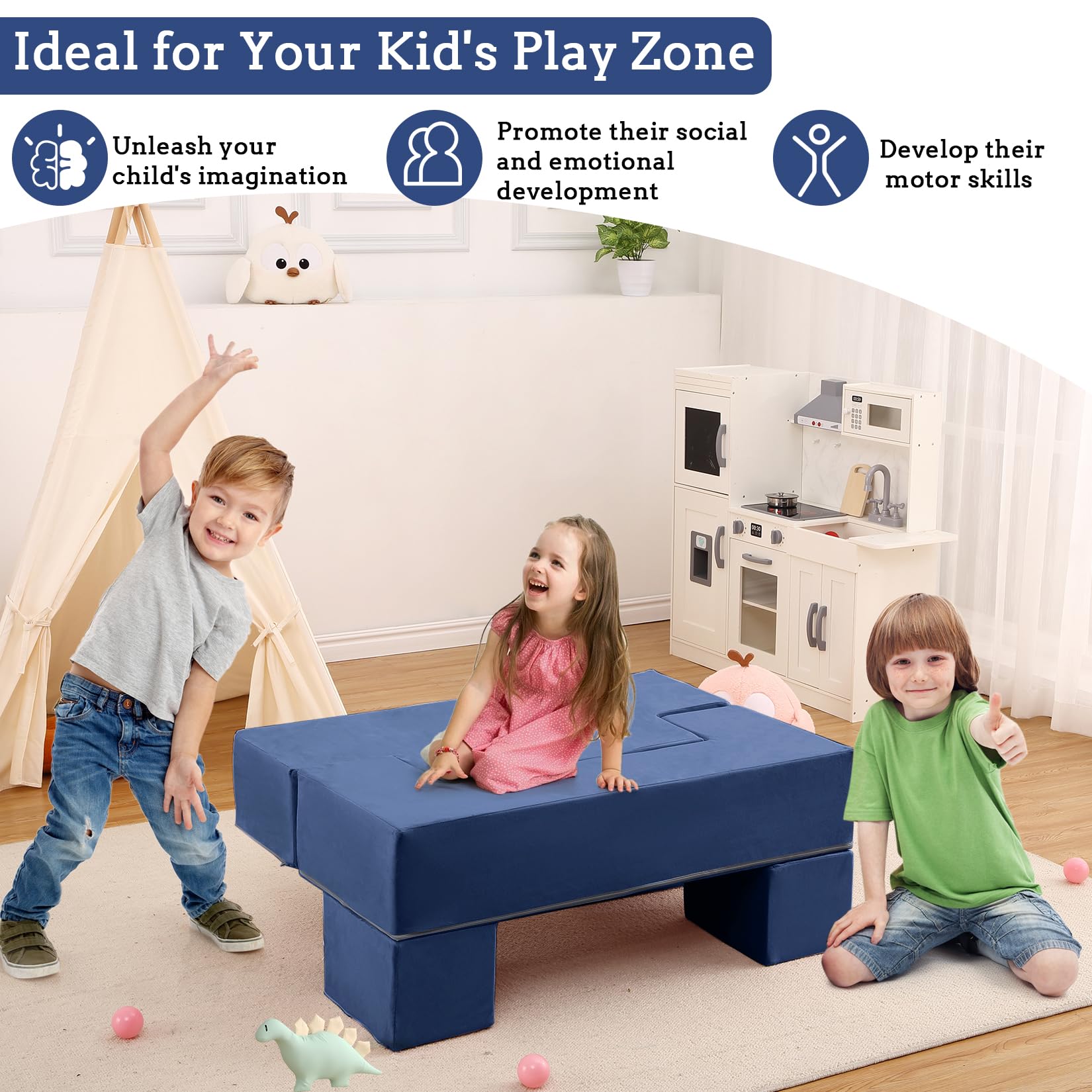 Sofá Modular para Niños de 6 Piezas, con Piezas Semicirculares para Montaje, Azul, para Habitación Infantil, Sala de Juegos y Dormitorio, 100 x 40 cm