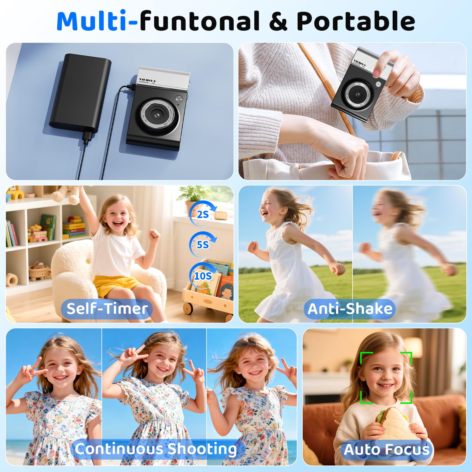 Cámara digital 4K 64MP FHD cámara fotográfica para niños, zoom digital de 18 x cámara compacta con pantalla de 2,4 pulgadas, antivibración, flash LED, tarjeta SD de 32 GB, cámara de fotos para niños
