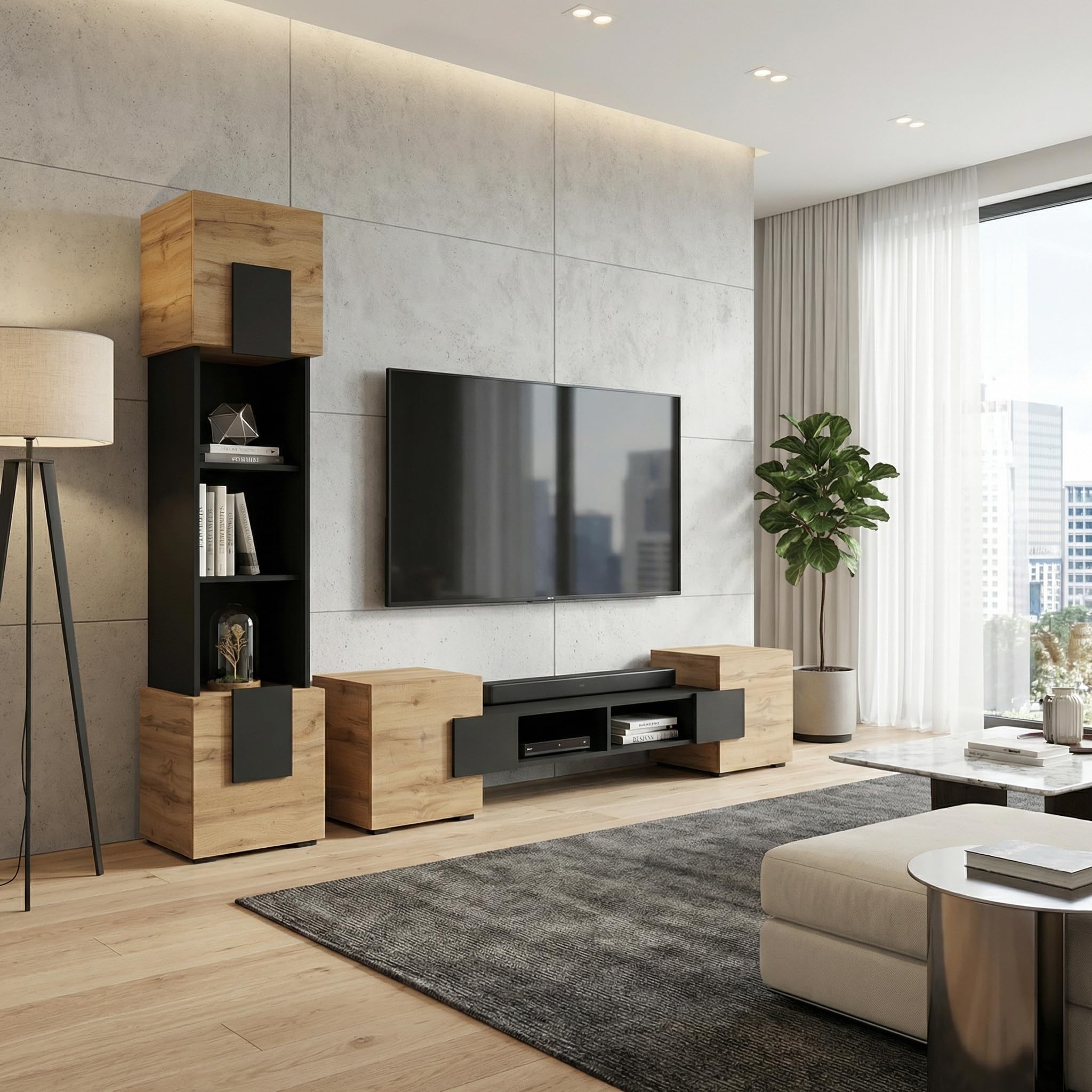 Komodee Wohnwand TV Torino Schwarz/Wotan 220x172x35 cm