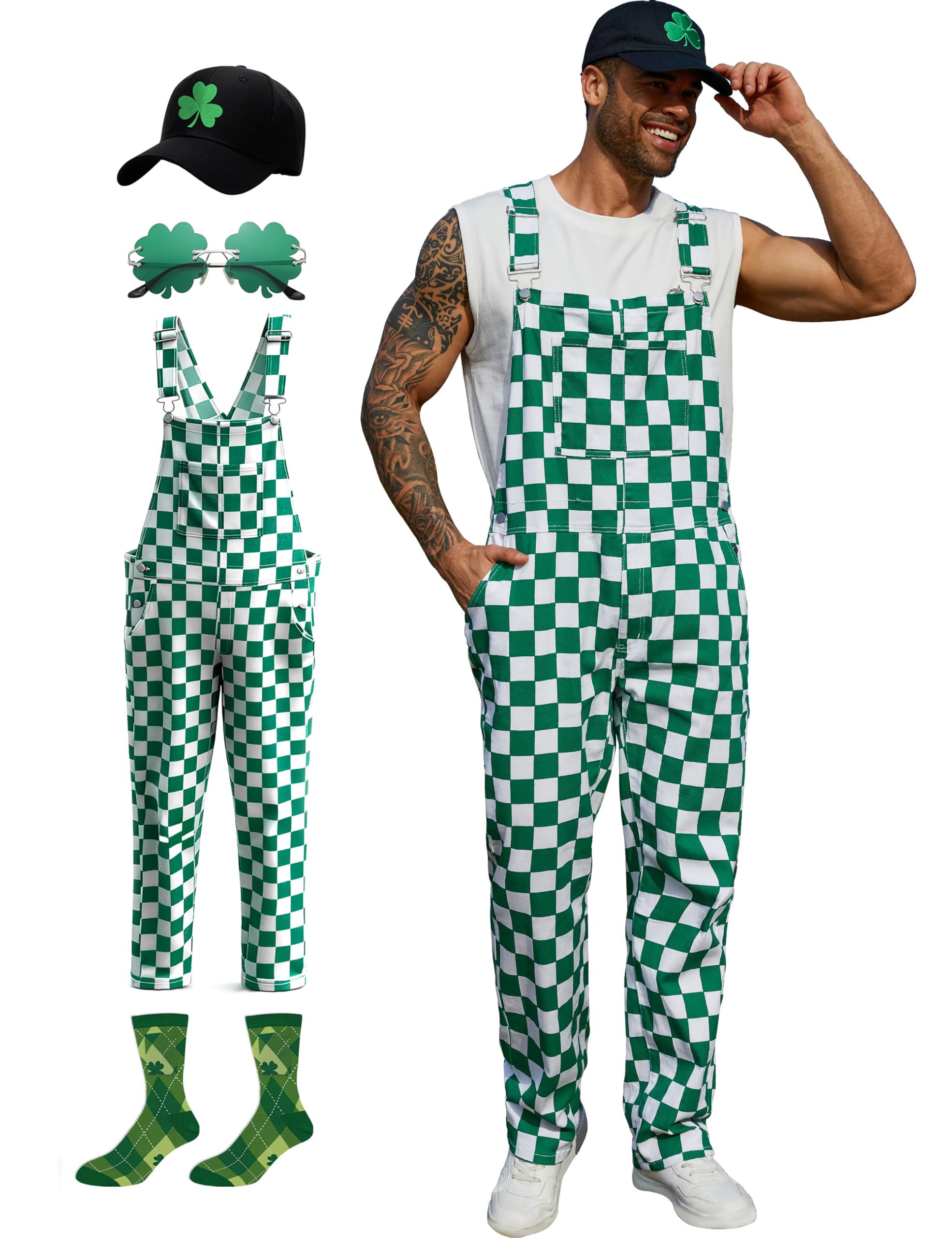 St Patricks Day Overalls Men Irish Jumpsuit Green Sunglasses Shamrock Hat Socks 4 Pcs Festival Outfits
