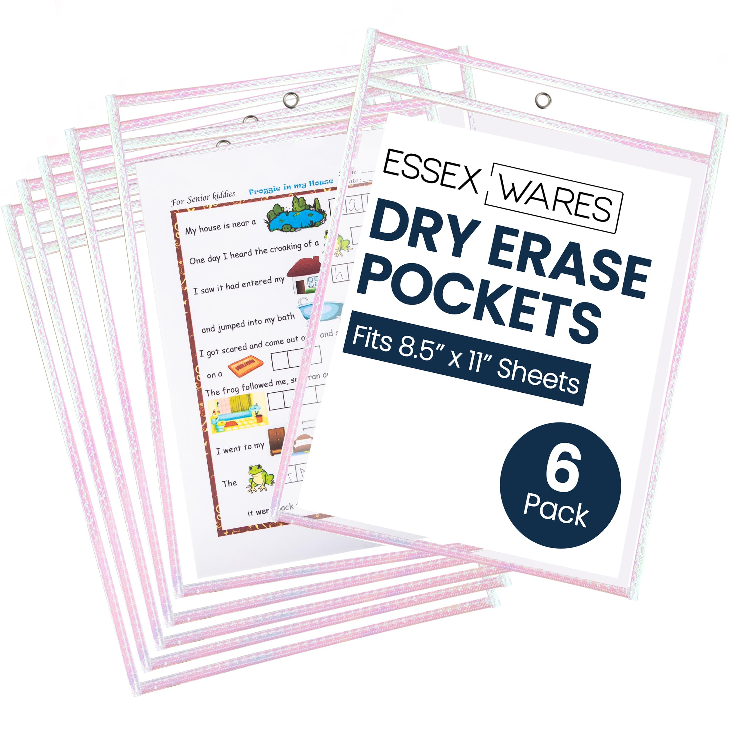 Essex Wares - 6 Pack, Shimmer, Water-Resistant Dry Erase Pocket Document Protectors, 10" Wide x 13.5" Tall - Dry Erase Clear Plastic Sleeves -