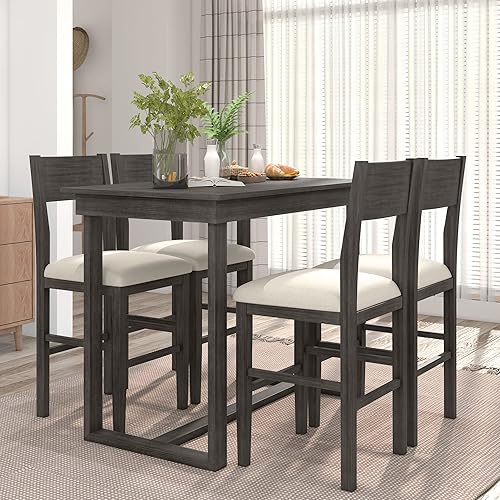 P PURLOVE Juego de mesa de comedor de 5 piezas mesa de comedor de madera de granja y 4 sillas de comedor acolchadas juego de mesa de cocina para 4