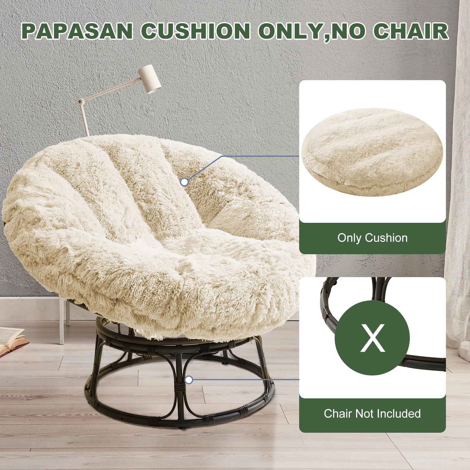HIGOGOGO Papasan Chair Cushion with Long Faux Fur Cover (Without Chair), 44X44 Inch Supportive Cushion, Fluffy and Furry Papasan Cushion Cover, Beige