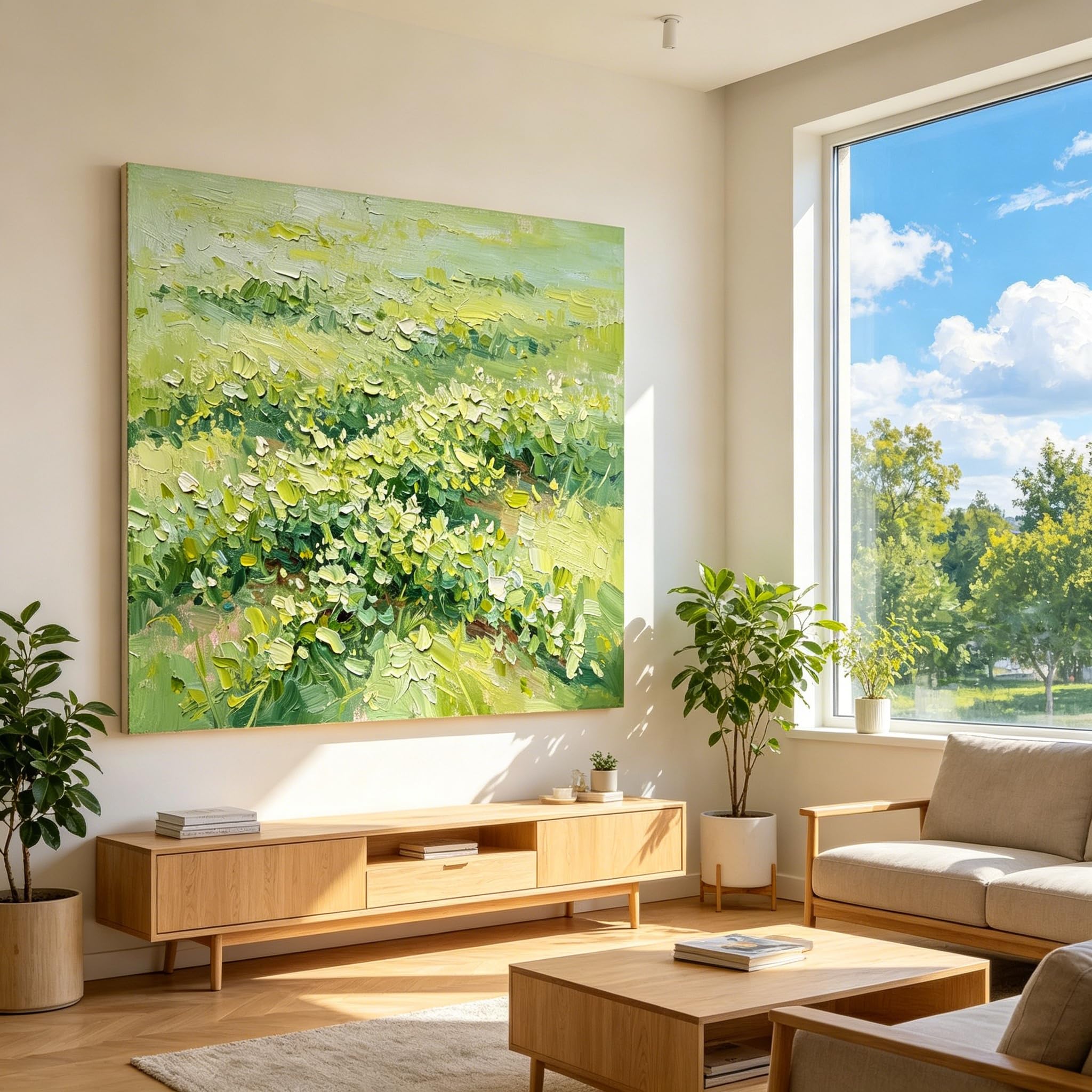 Cuadro De Pared Grande En Lienzo para Sala De Estar Pintado A Mano con Técnica Impasto Paisaje De Pradera Primaveral Pintura Al Óleo Decoración De Pared Estilo Granja Boho para Dormitorio Casa De