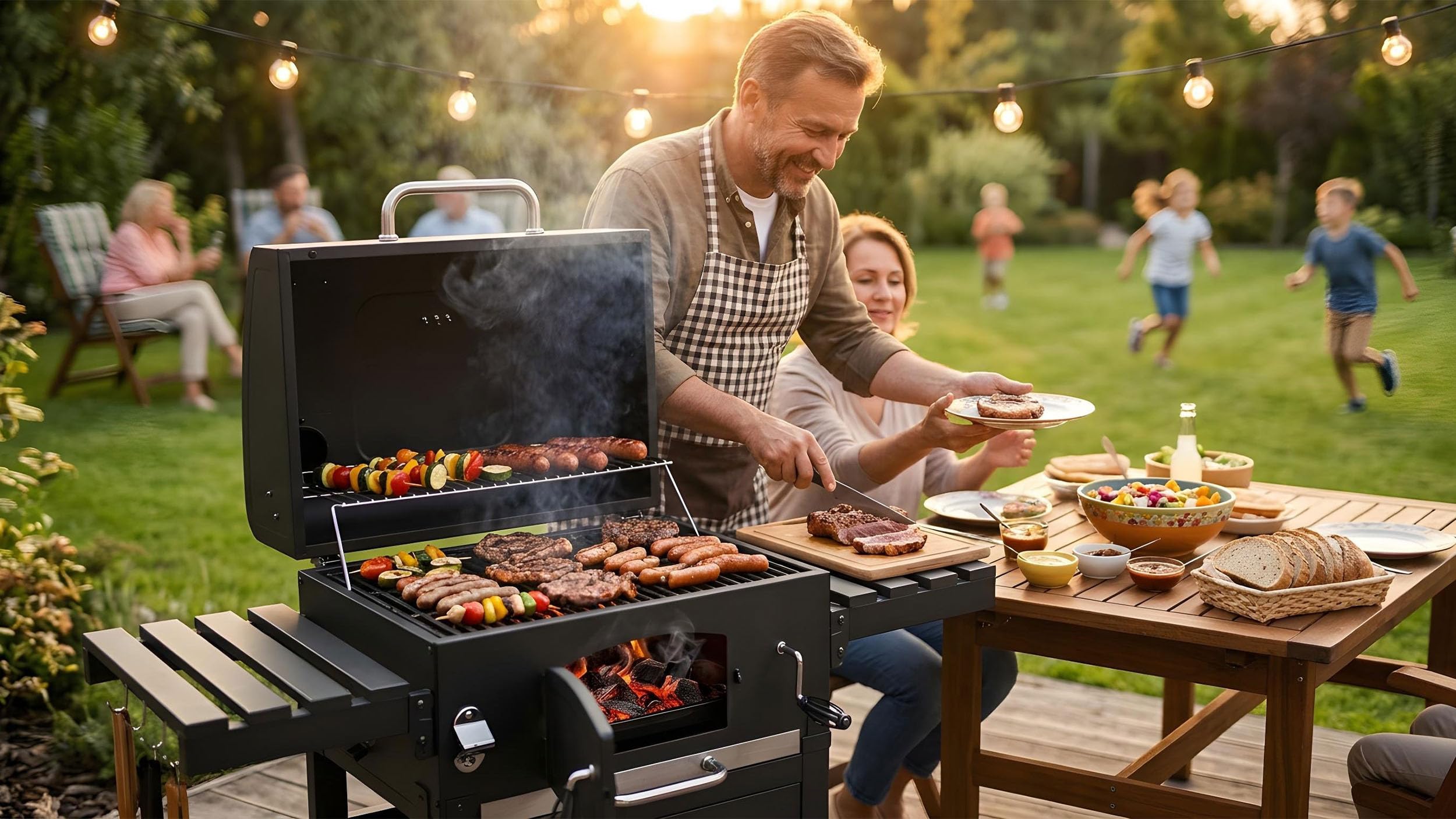 Berdsen Grill Węglowy Ogrodowy BBQChef z Kominem i Żeliwnym Rusztem 41,5 x 57 cm - Regulowane Palenisko, Termometr, Składane Półki, Szafka - Przenośny na Kołach - Antracytowy