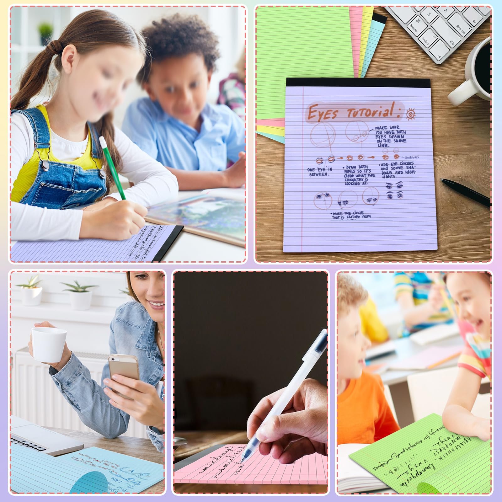 Tecmisse Paquete de 5 blocs de notas legales de 9.5 x 11 pulgadas, bloc de papel rayado de colores, bloc de escritura universitaria rayado, 40 hojas de cada bloc de papel para suministros escolares y