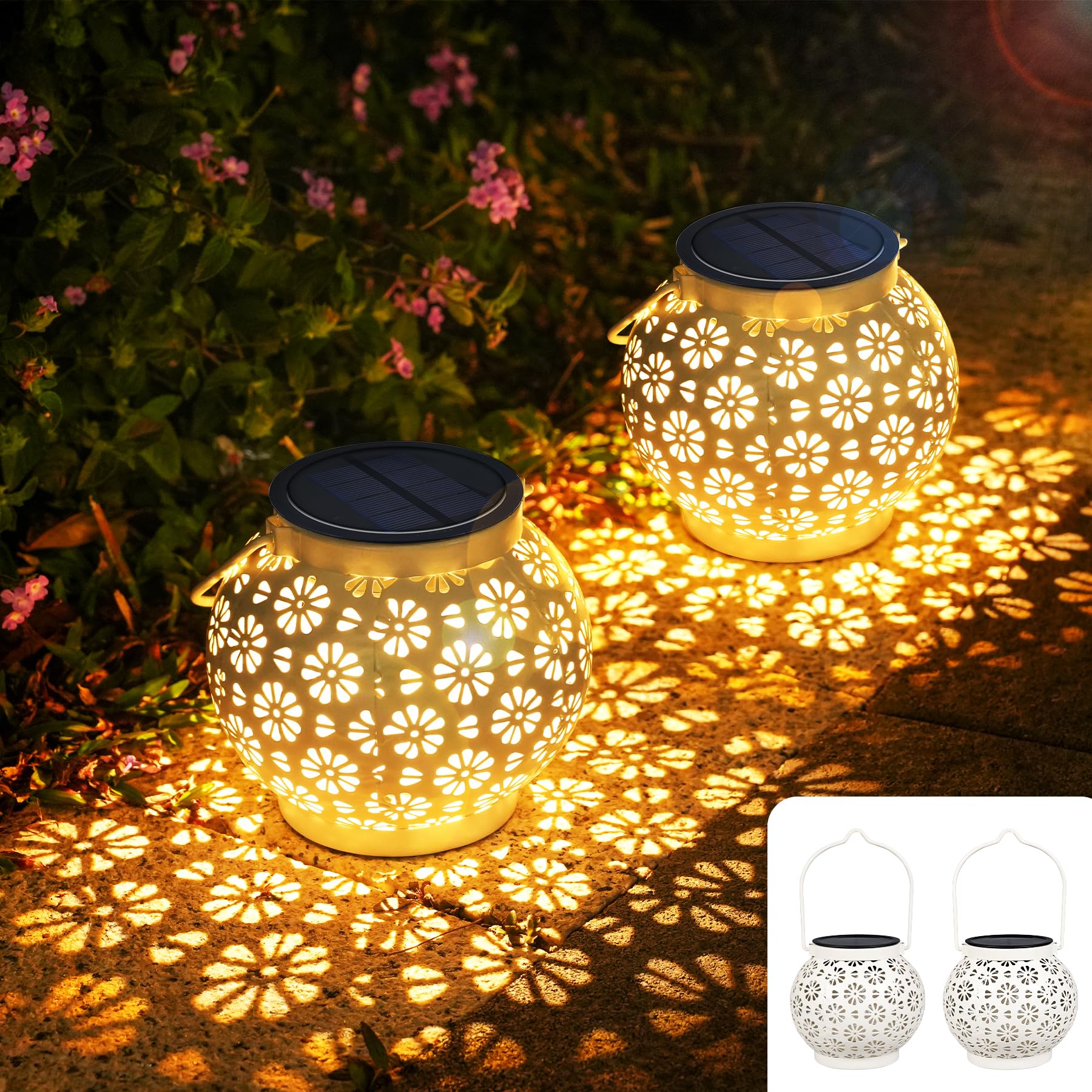 JOYCREATOR Linternas solares, 2 unidades, LED de metal impermeable IP65, 10 horas de vida, para colgar al aire libre, decoración de jardín, porche, mesa, balcón, terraza
